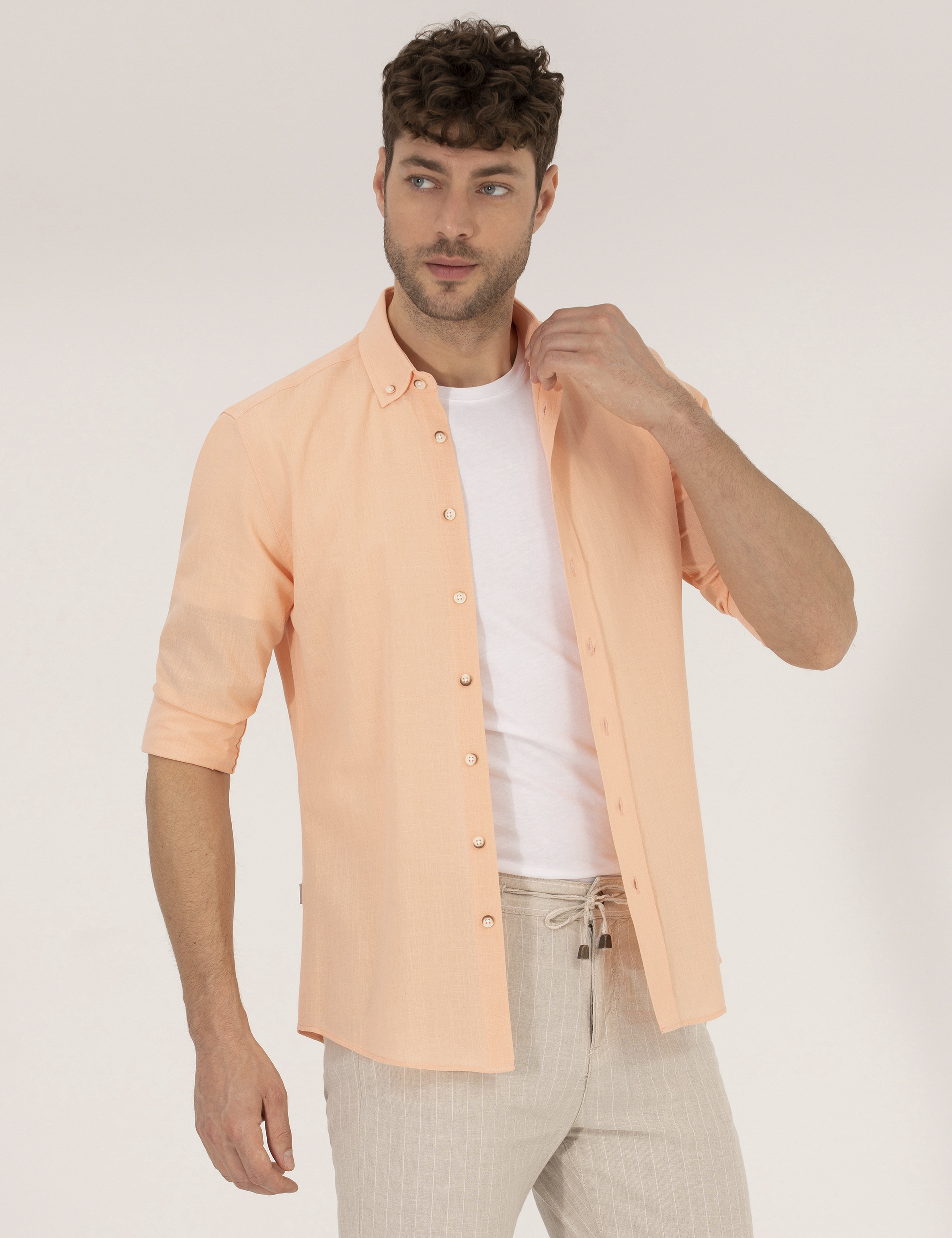 Turuncu Slim Fit Uzun Kollu Gömlek