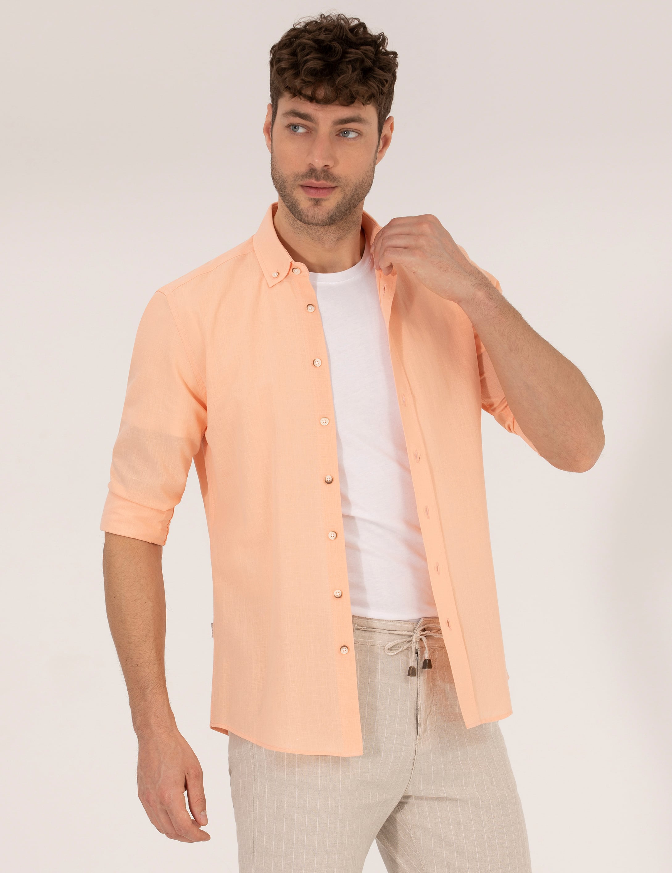 Turuncu Slim Fit Uzun Kollu Gömlek