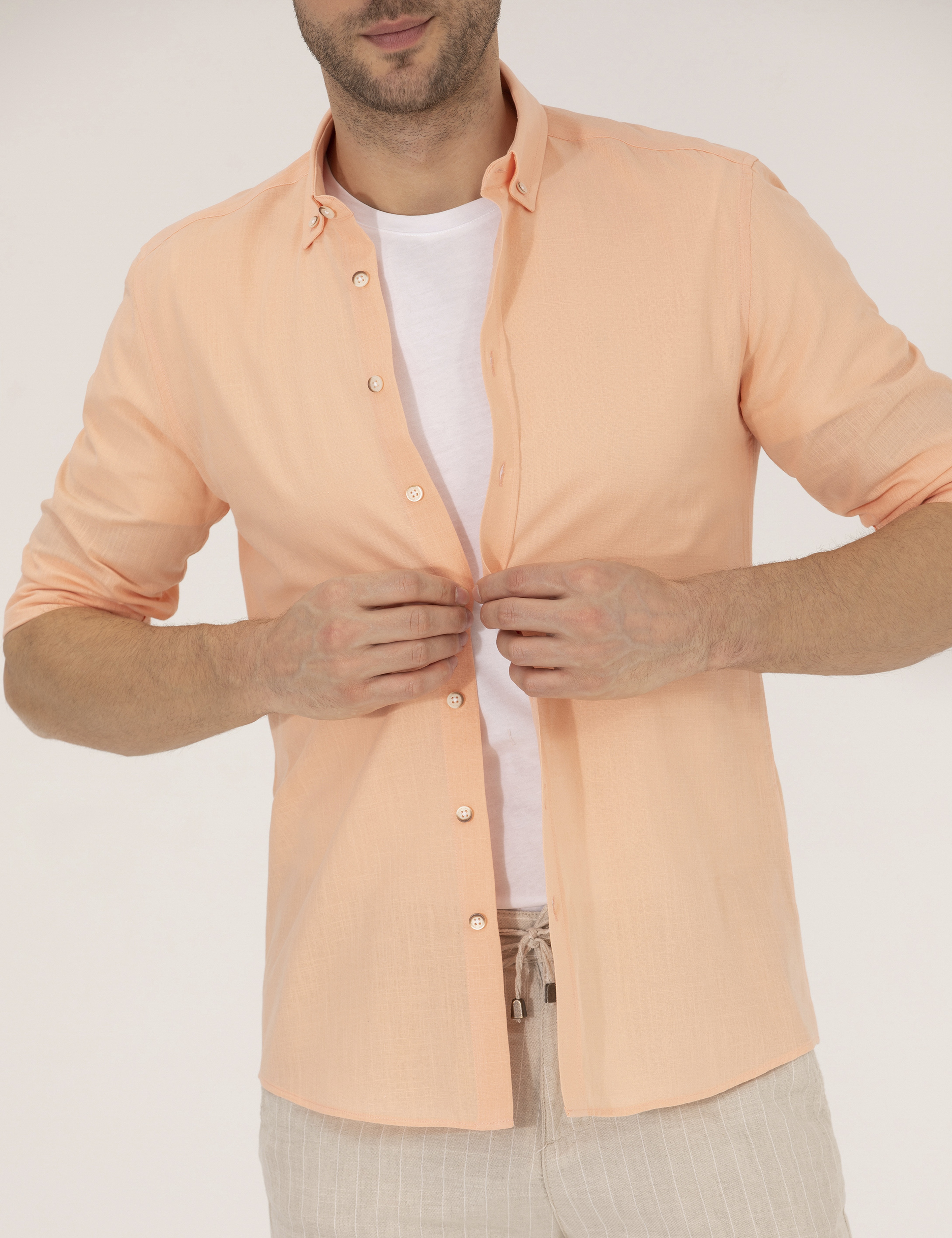 Turuncu Slim Fit Uzun Kollu Gömlek - Image 5
