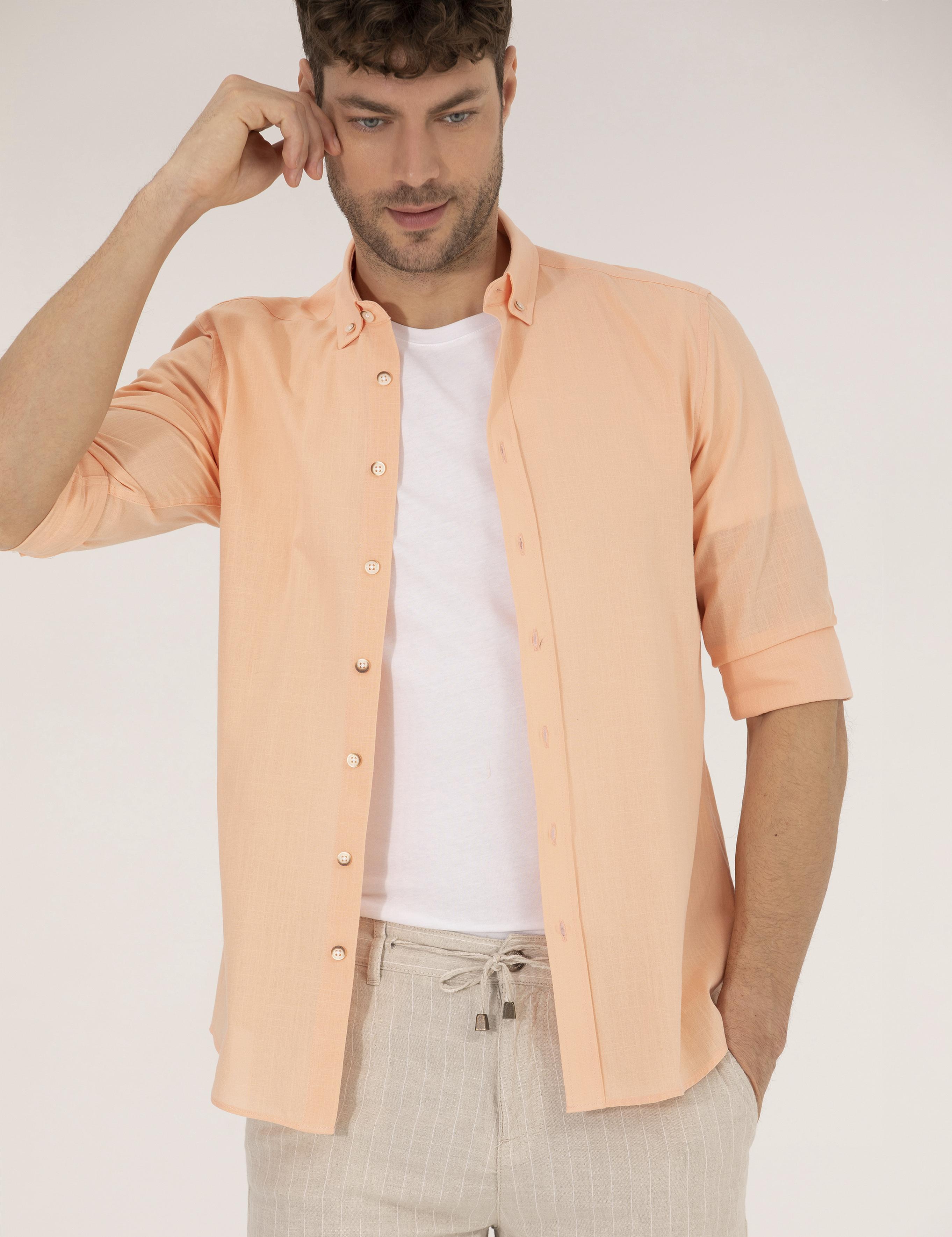 Turuncu Slim Fit Uzun Kollu Gömlek