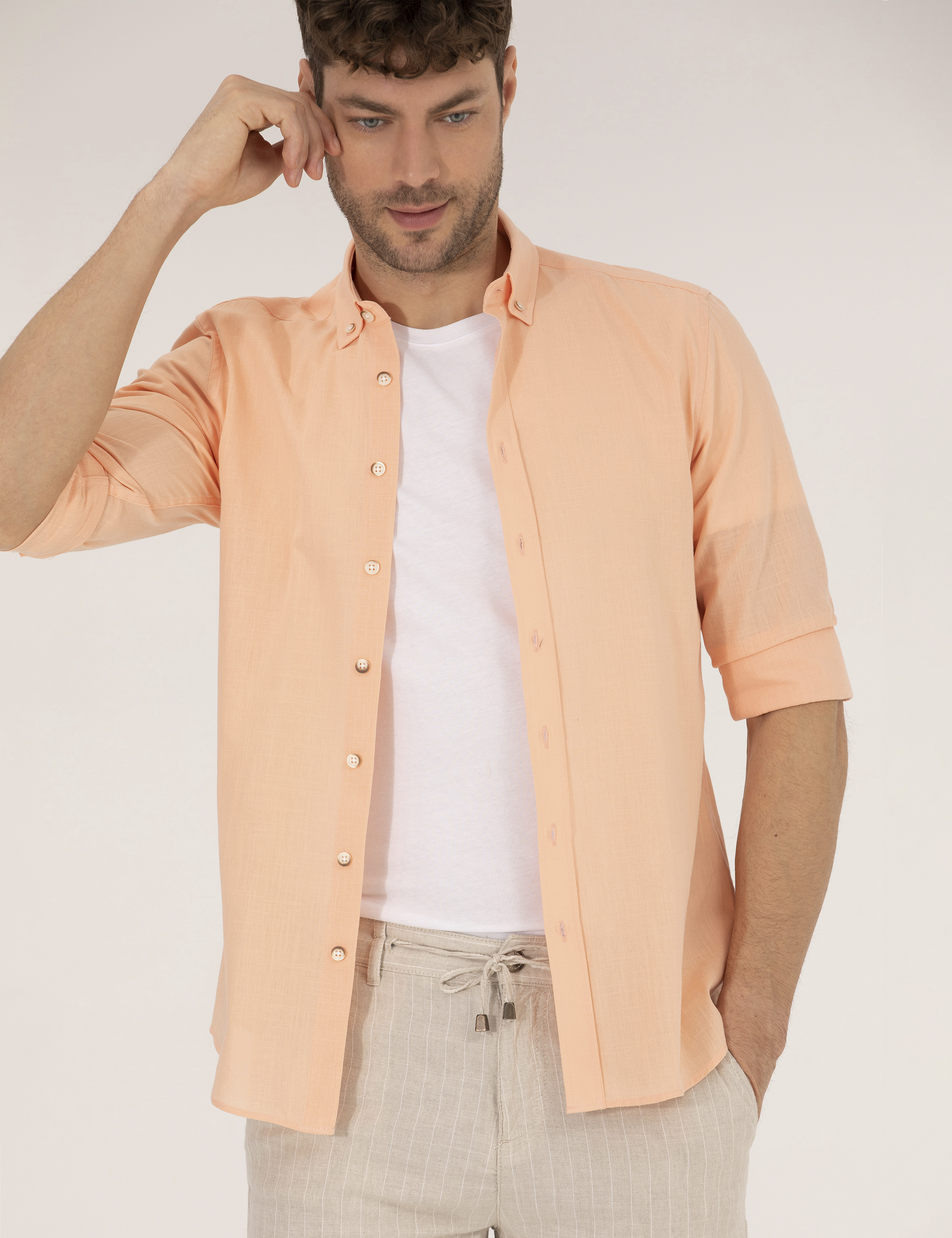 Turuncu Slim Fit Uzun Kollu Gömlek