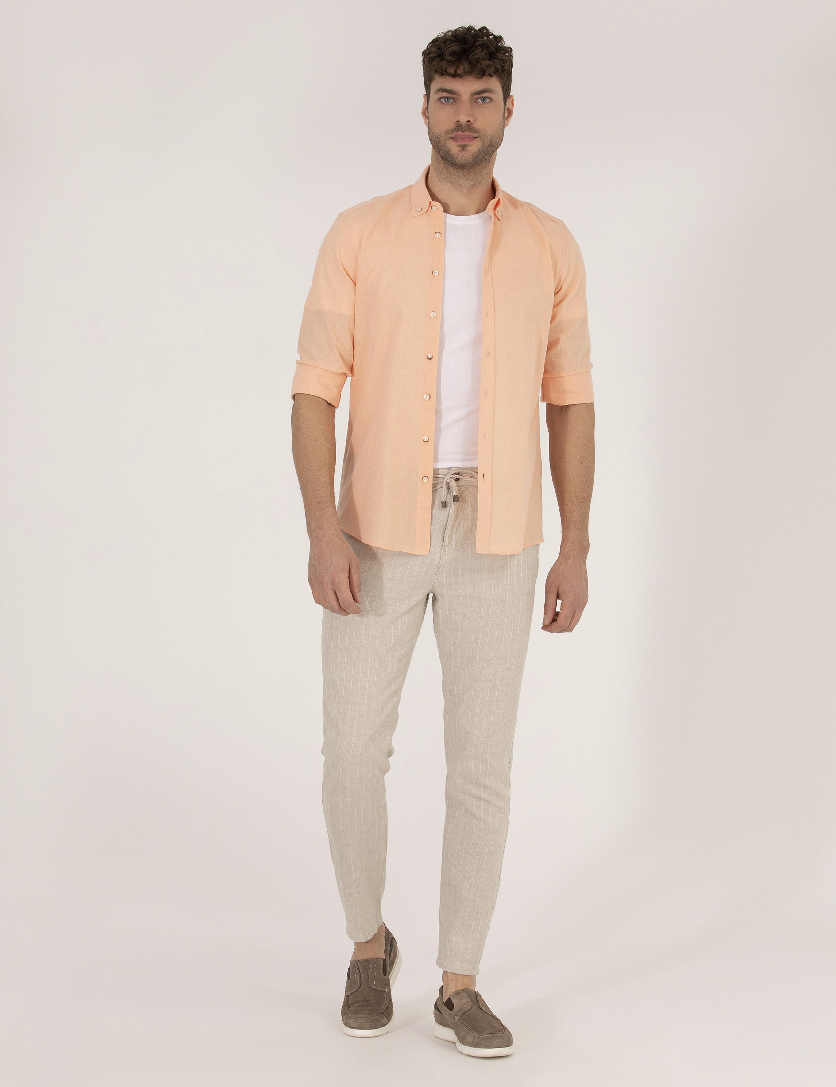 Turuncu Slim Fit Uzun Kollu Gömlek