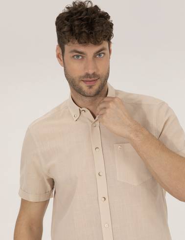 Bej Regular Fit Kısa Kollu Gömlek