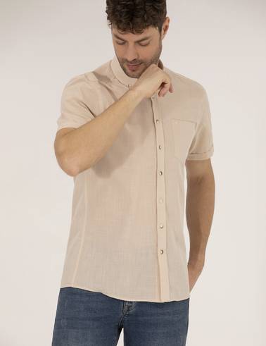 Bej Regular Fit Kısa Kollu Gömlek