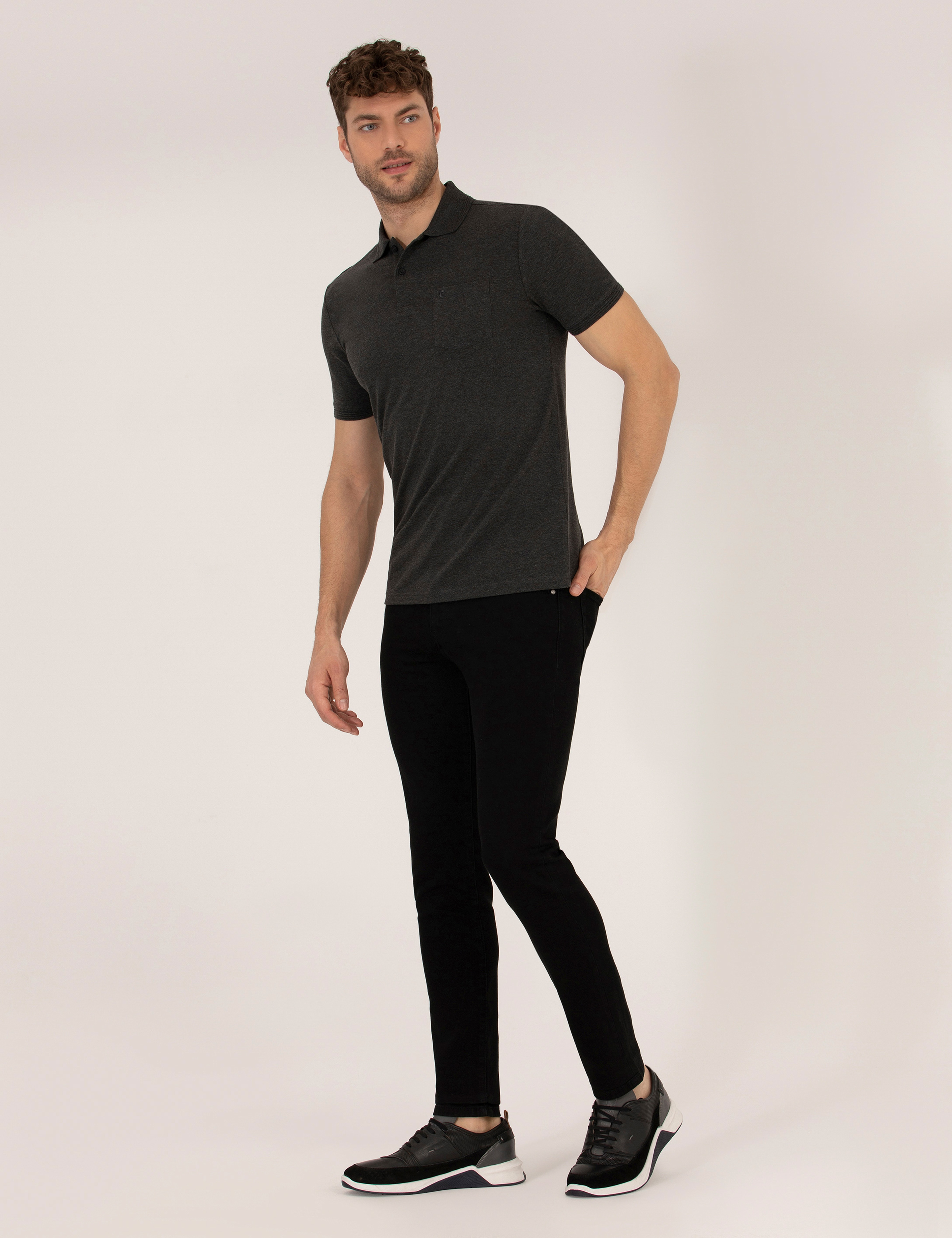 Antrasit Melanj Regular Fit Polo Yaka Basic Tişört - Image 4