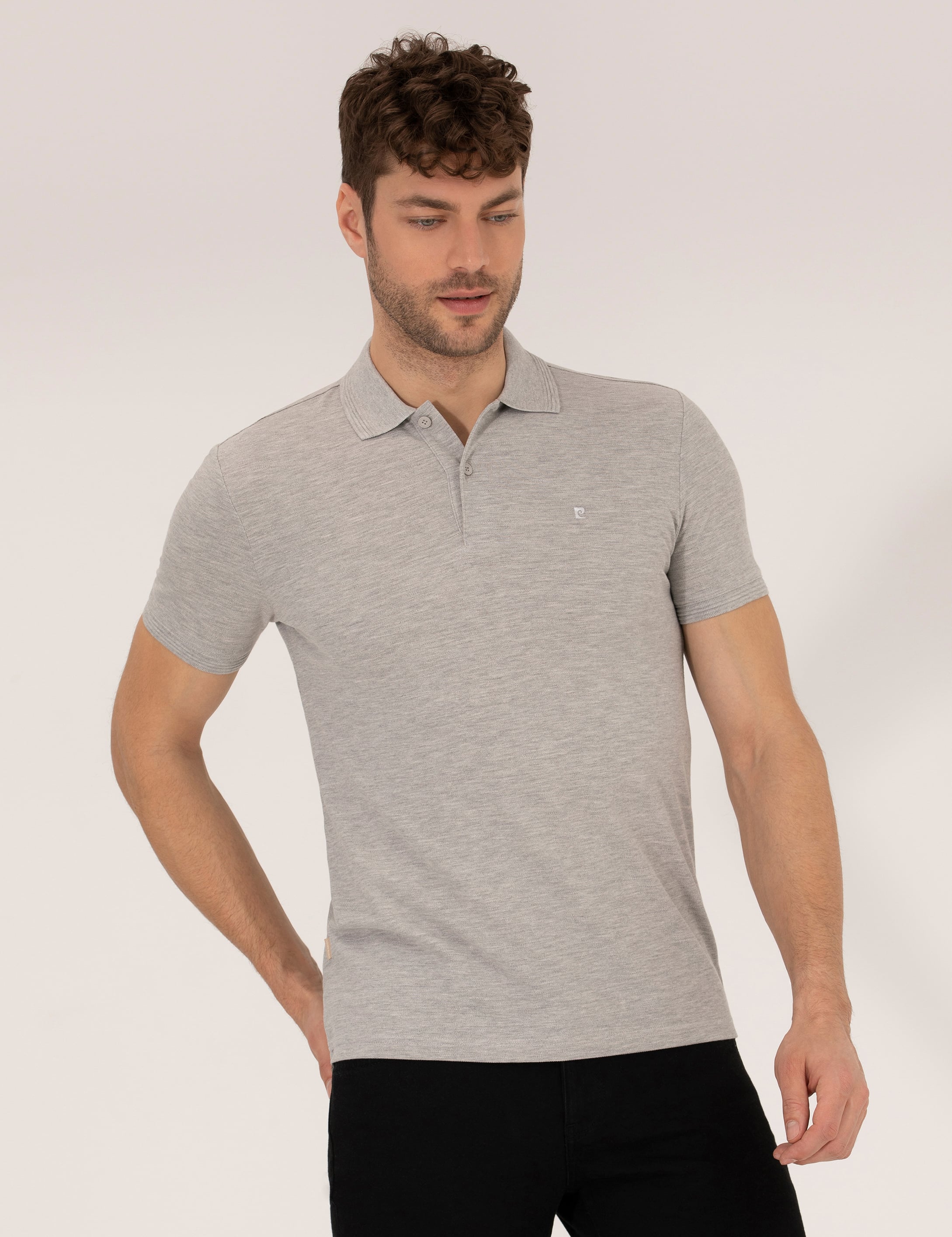 Açık Gri Melanj Slim Fit Polo Yaka Basic Tişört - Image 1