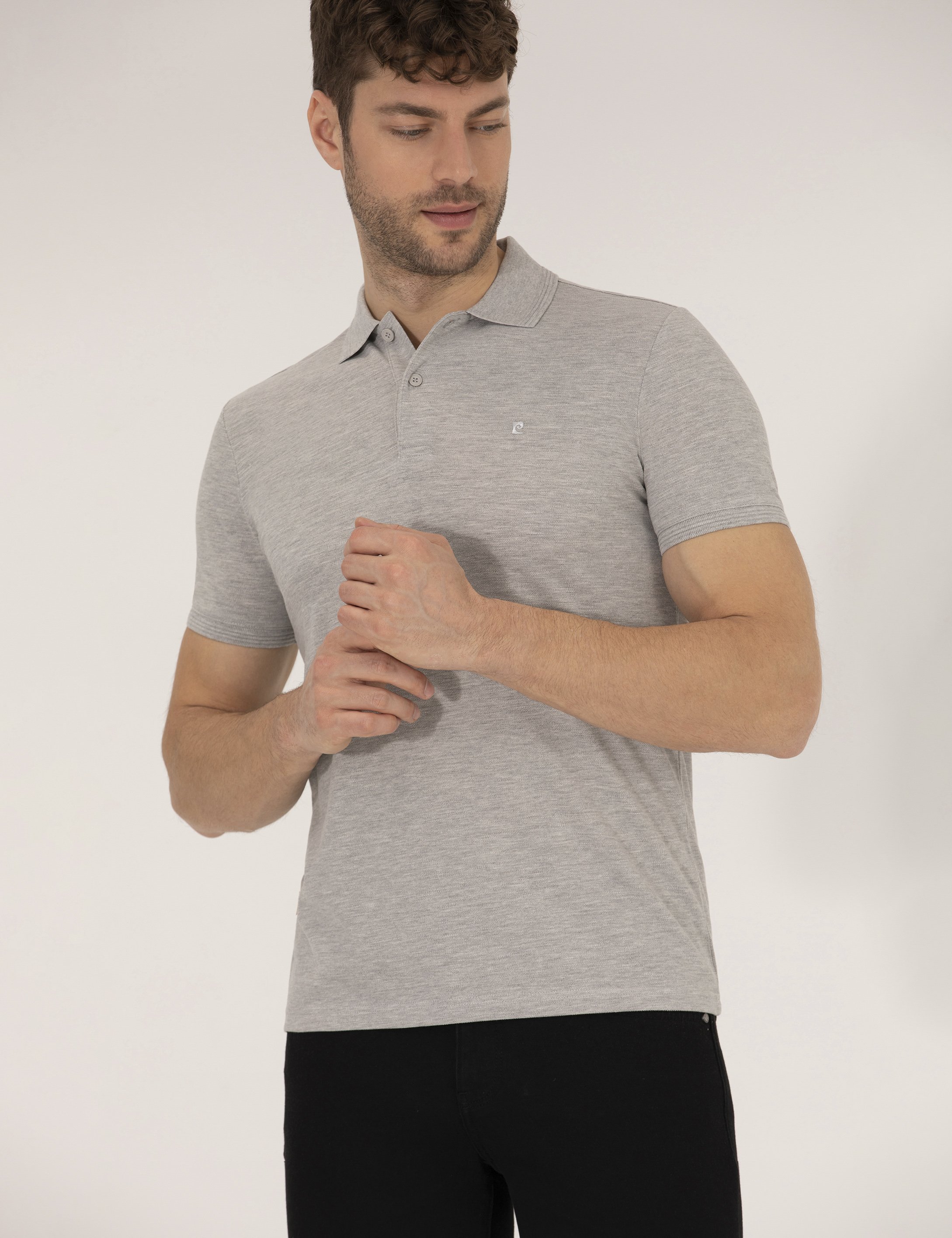 Açık Gri Melanj Slim Fit Polo Yaka Basic Tişört - Image 3