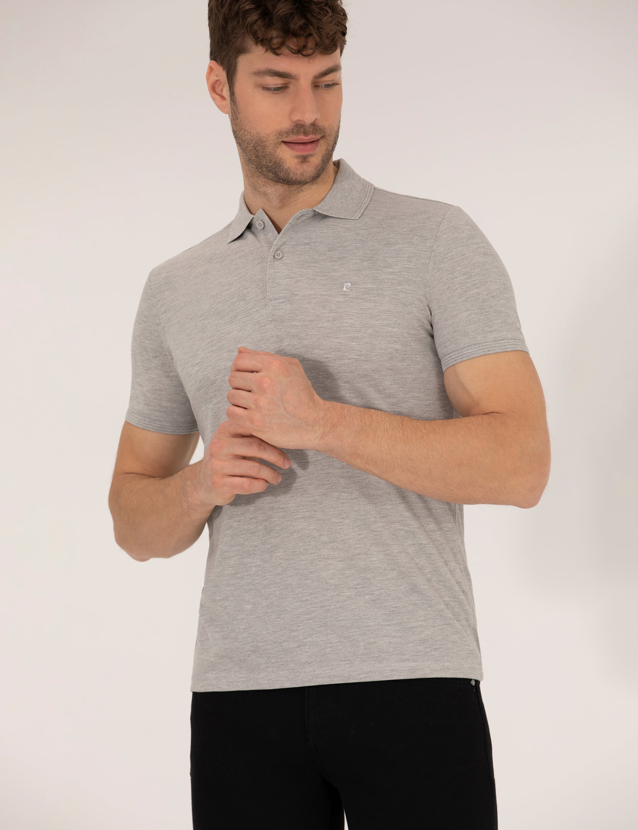 Açık Gri Melanj Slim Fit Polo Yaka Basic Tişört