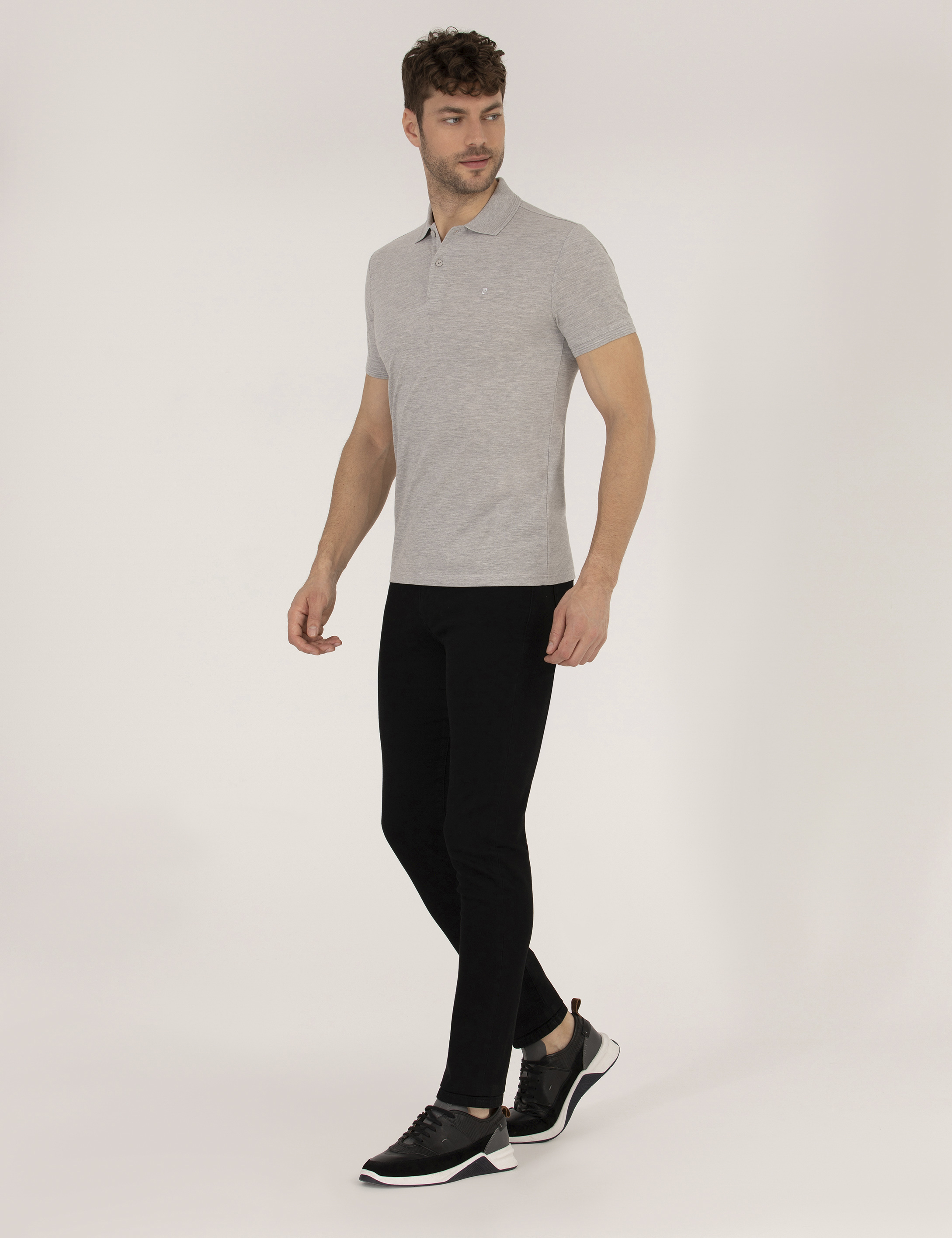 Açık Gri Melanj Slim Fit Polo Yaka Basic Tişört - Image 4