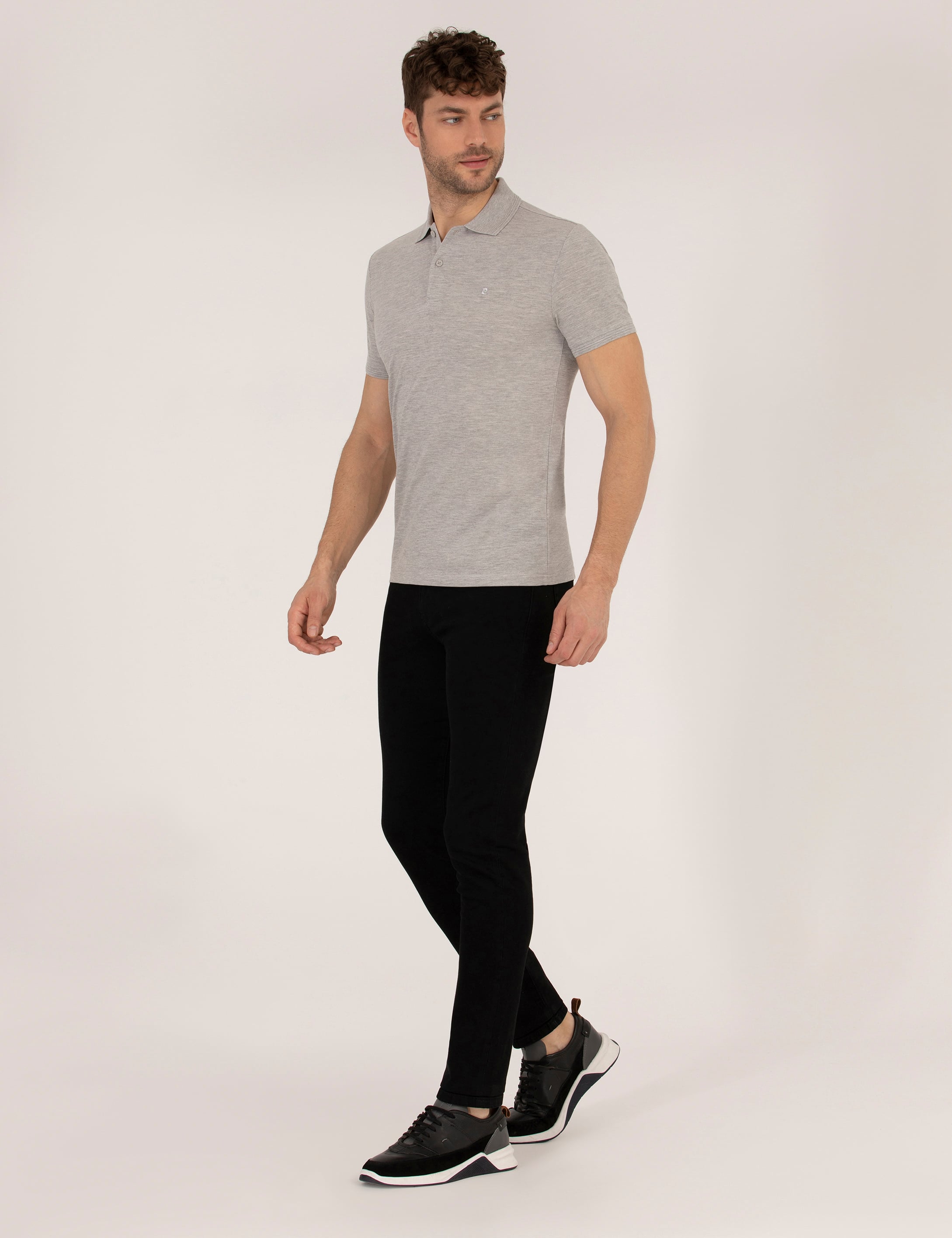 Açık Gri Melanj Slim Fit Polo Yaka Basic Tişört