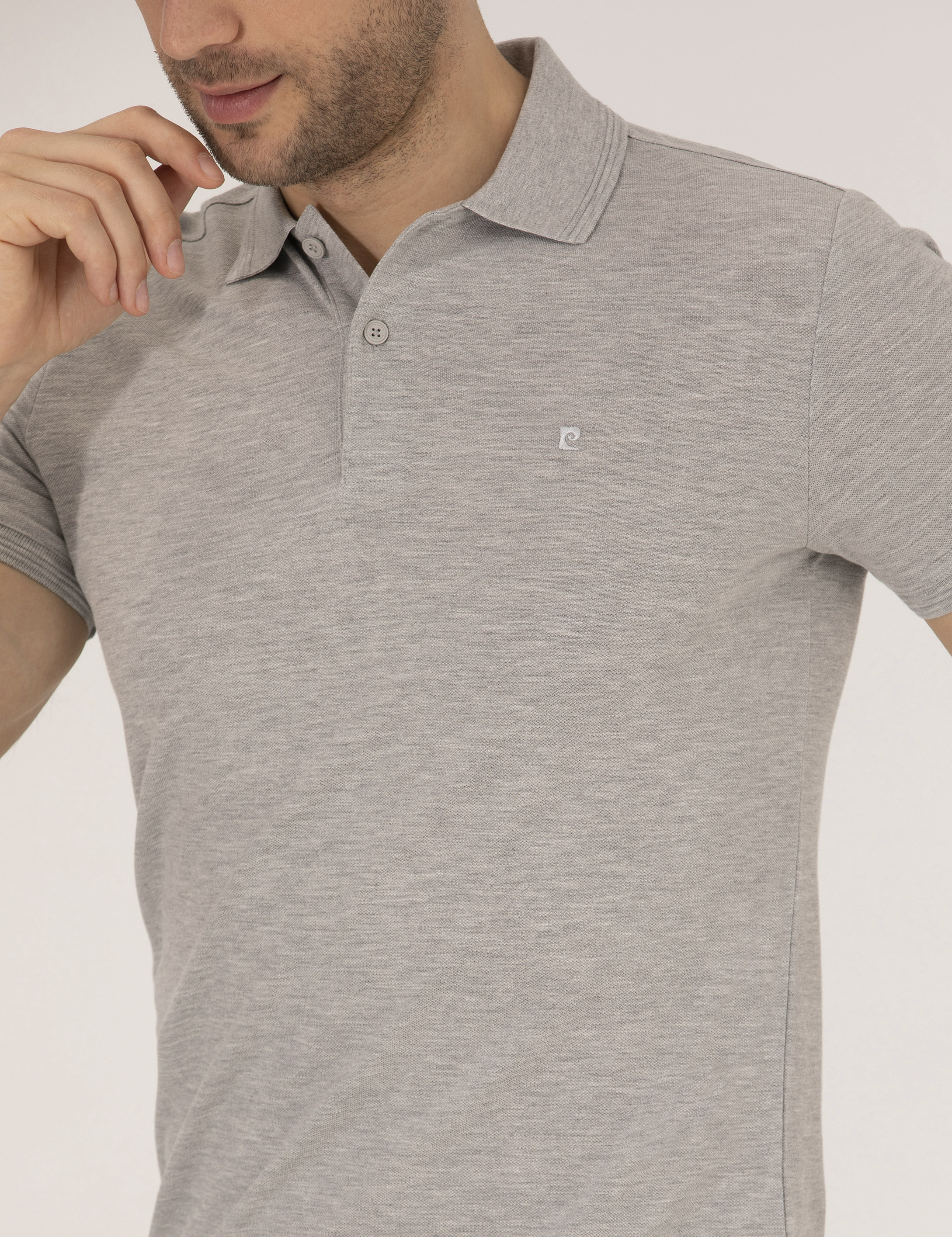 Açık Gri Melanj Slim Fit Polo Yaka Basic Tişört - Image 6