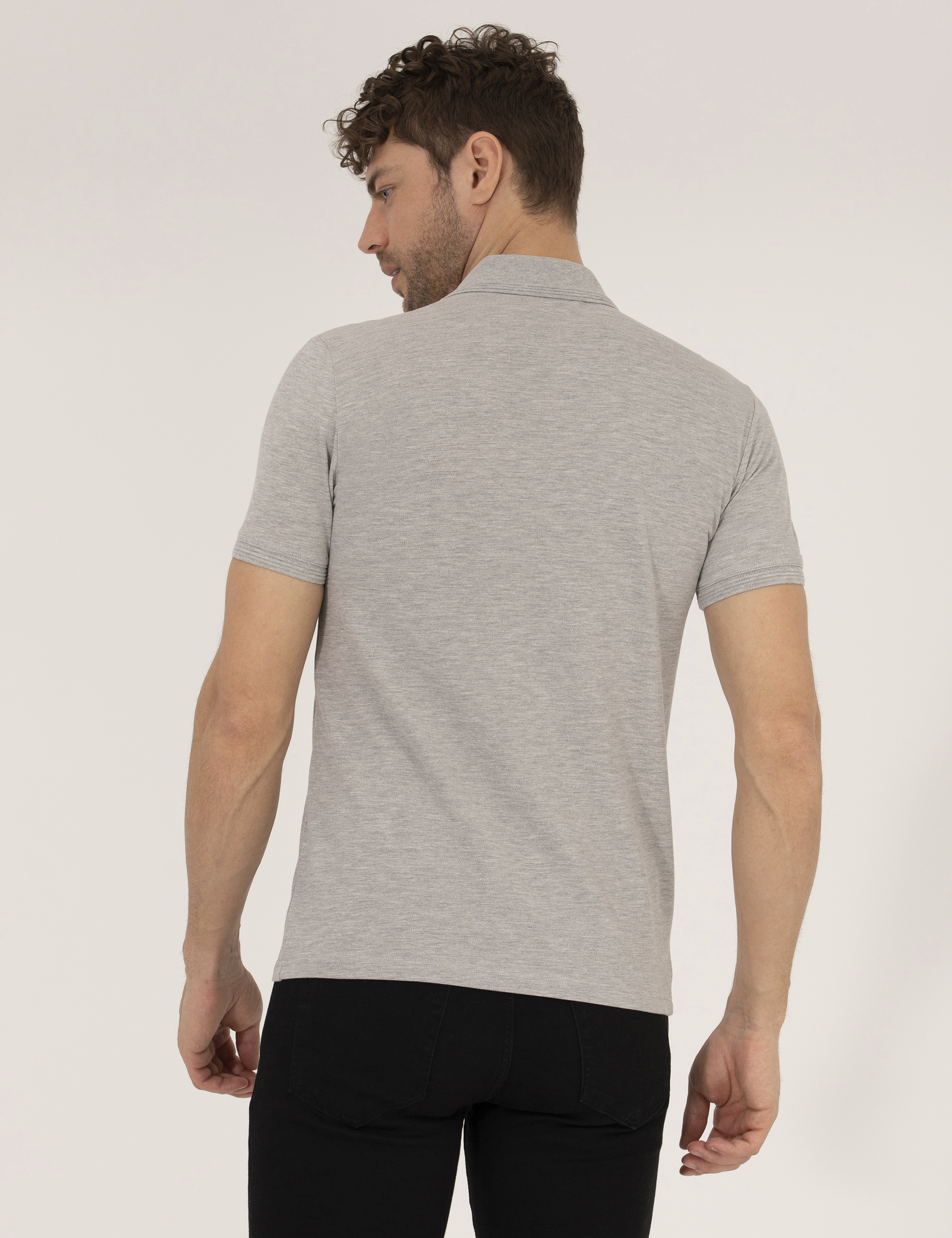Açık Gri Melanj Slim Fit Polo Yaka Basic Tişört - Image 5