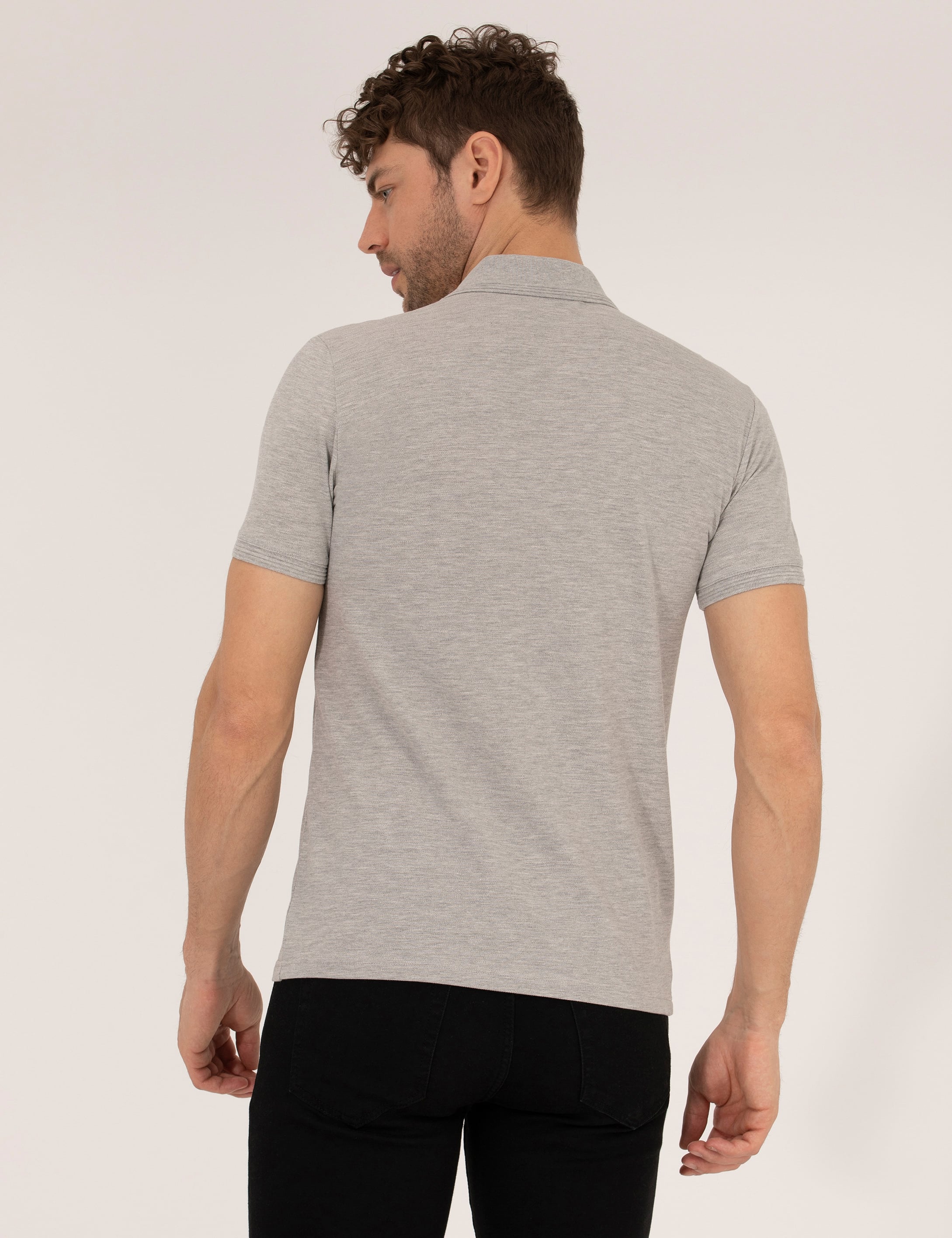 Açık Gri Melanj Slim Fit Polo Yaka Basic Tişört