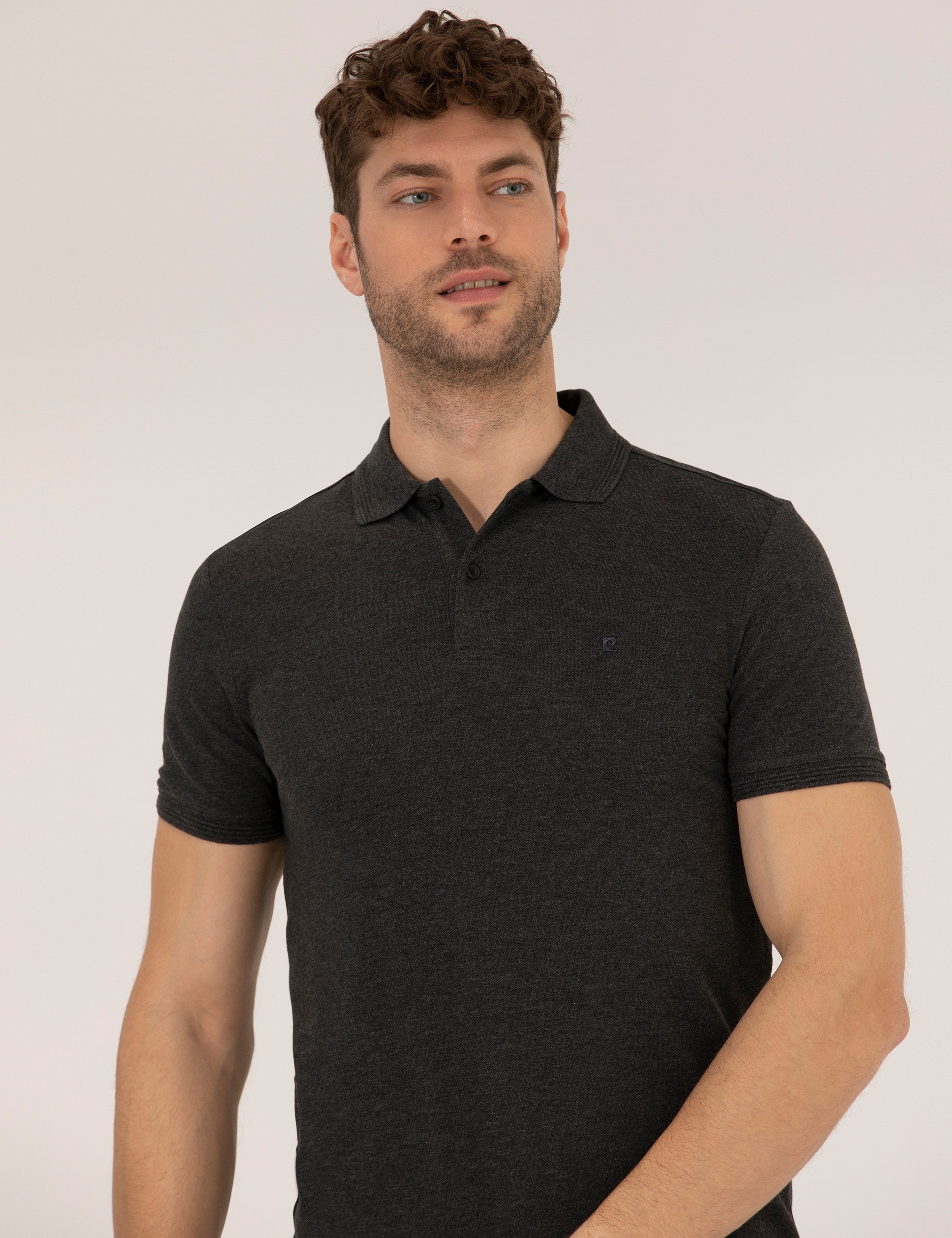 Antrasit Melanj Slim Fit %100 Pamuk Polo Yaka Basic Tişört - Image 2
