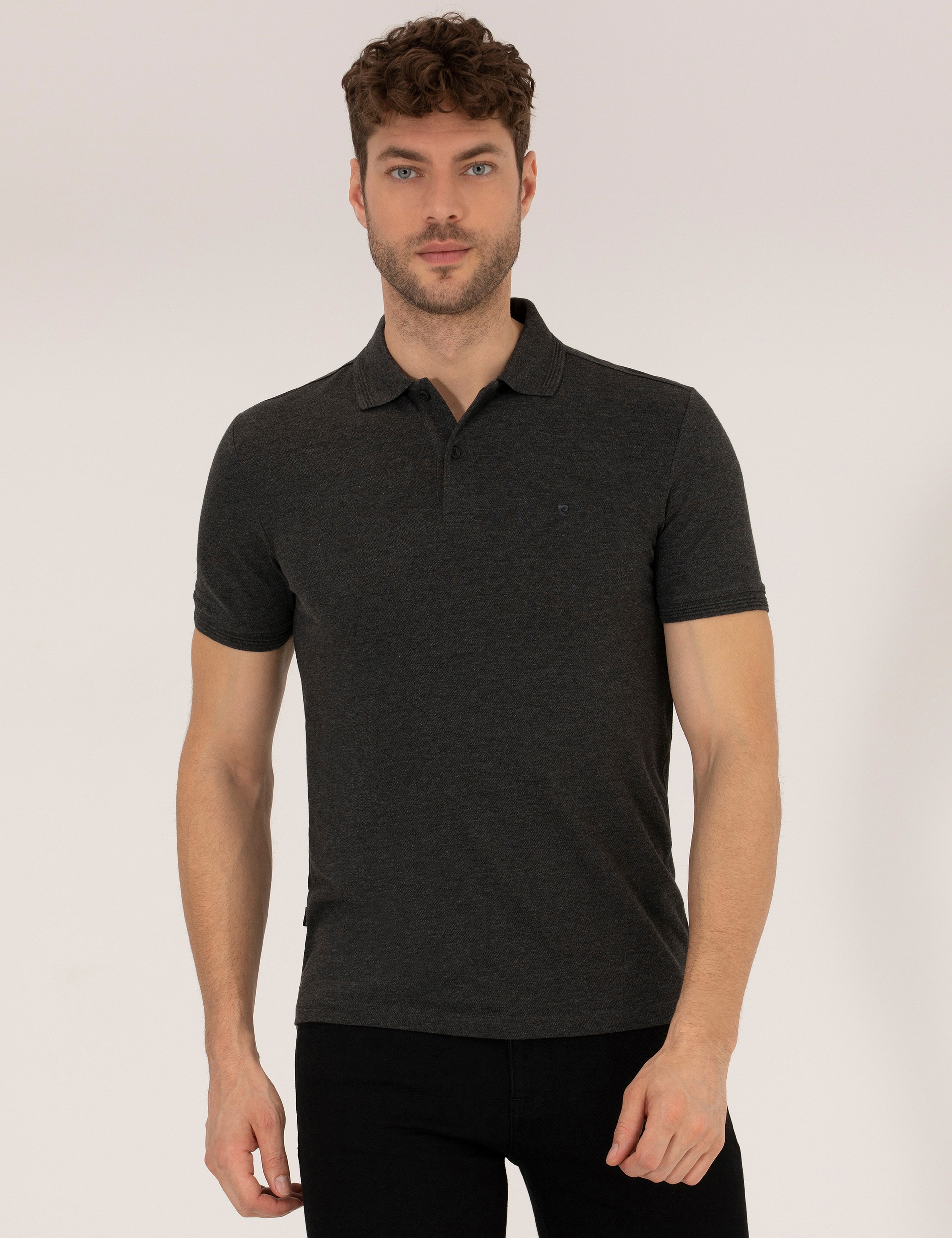 Antrasit Melanj Slim Fit %100 Pamuk Polo Yaka Basic Tişört - Image 1