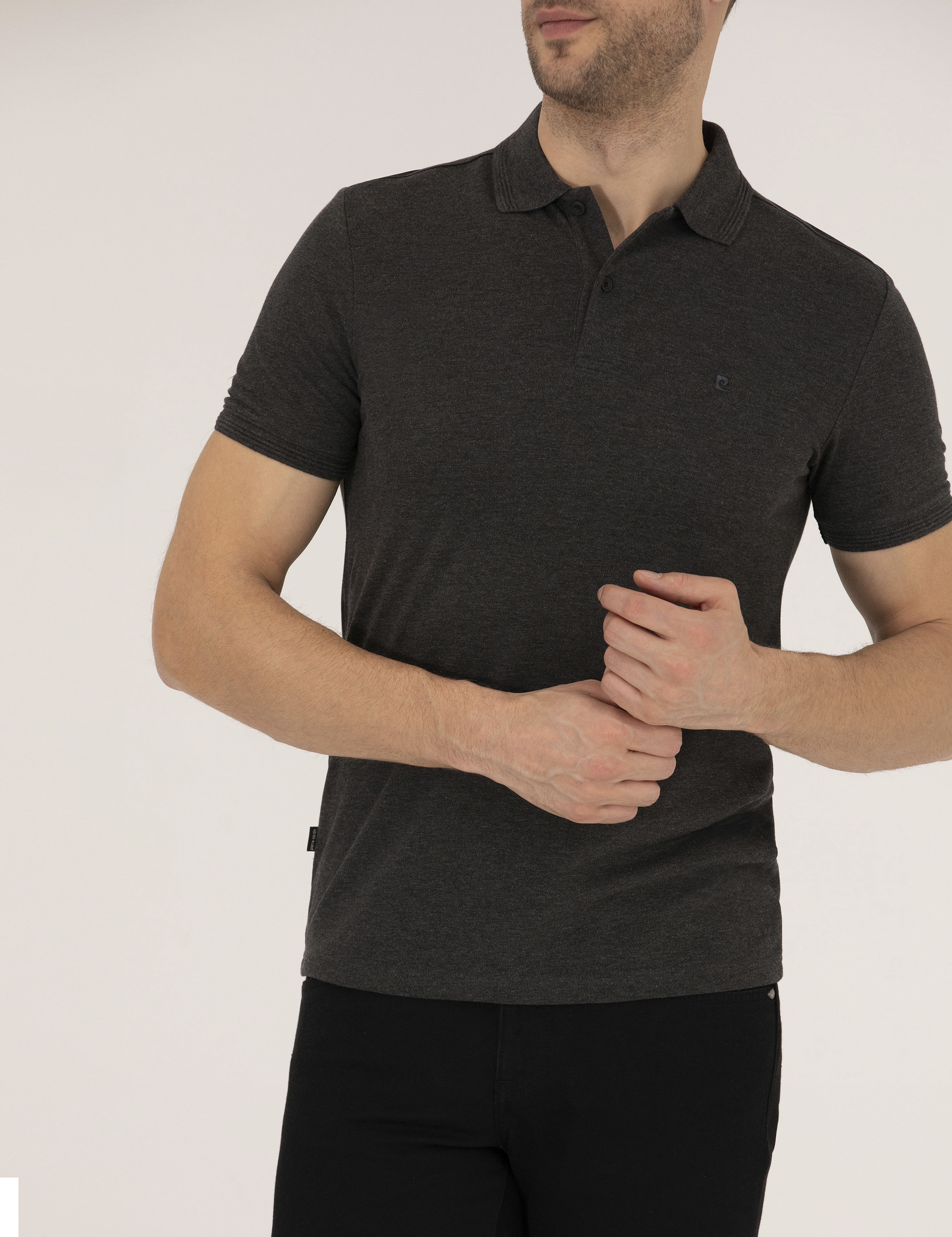 Antrasit Melanj Slim Fit %100 Pamuk Polo Yaka Basic Tişört - Image 6