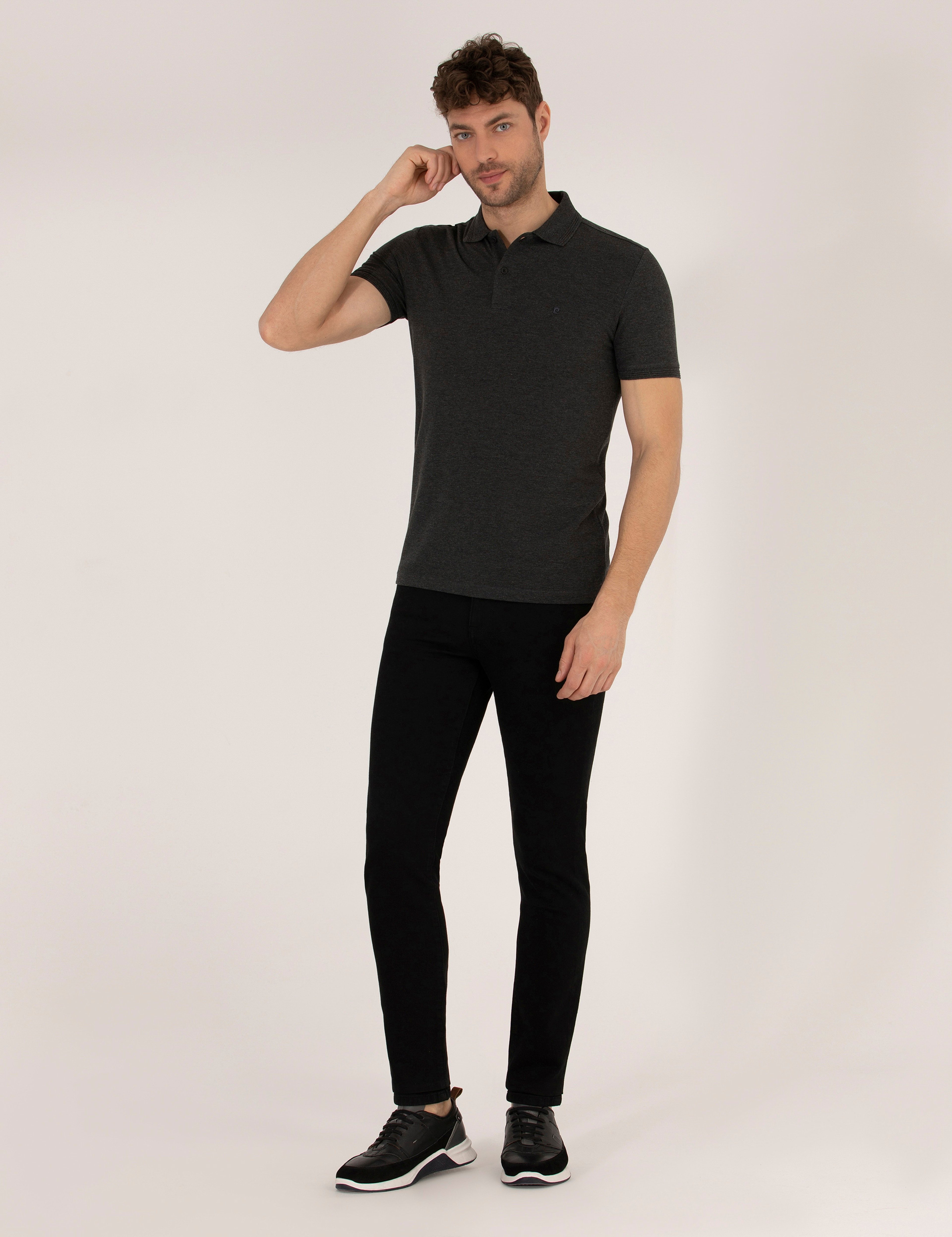 Antrasit Melanj Slim Fit %100 Pamuk Polo Yaka Basic Tişört - Image 4