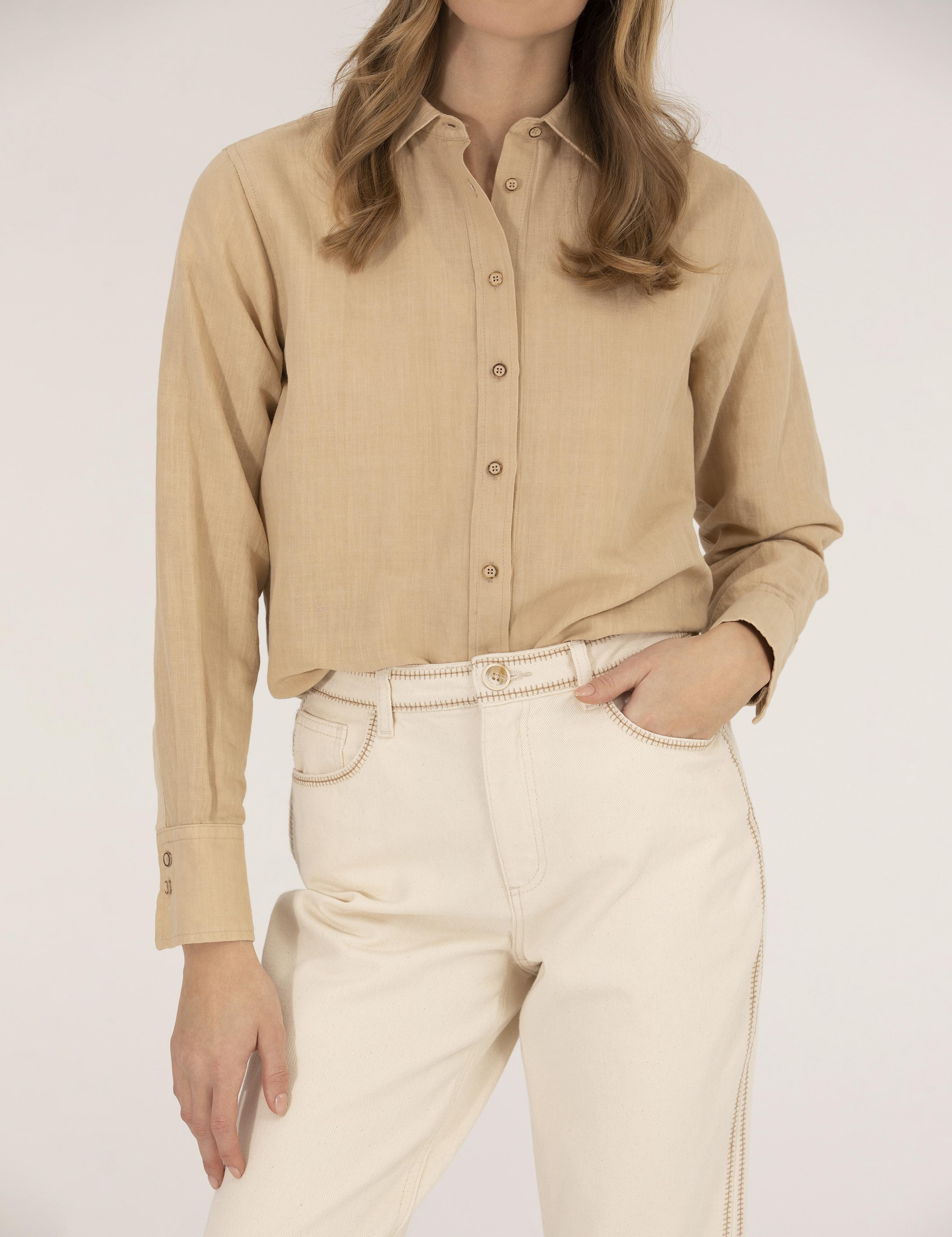 Bej Keten Karışımlı Gömlek