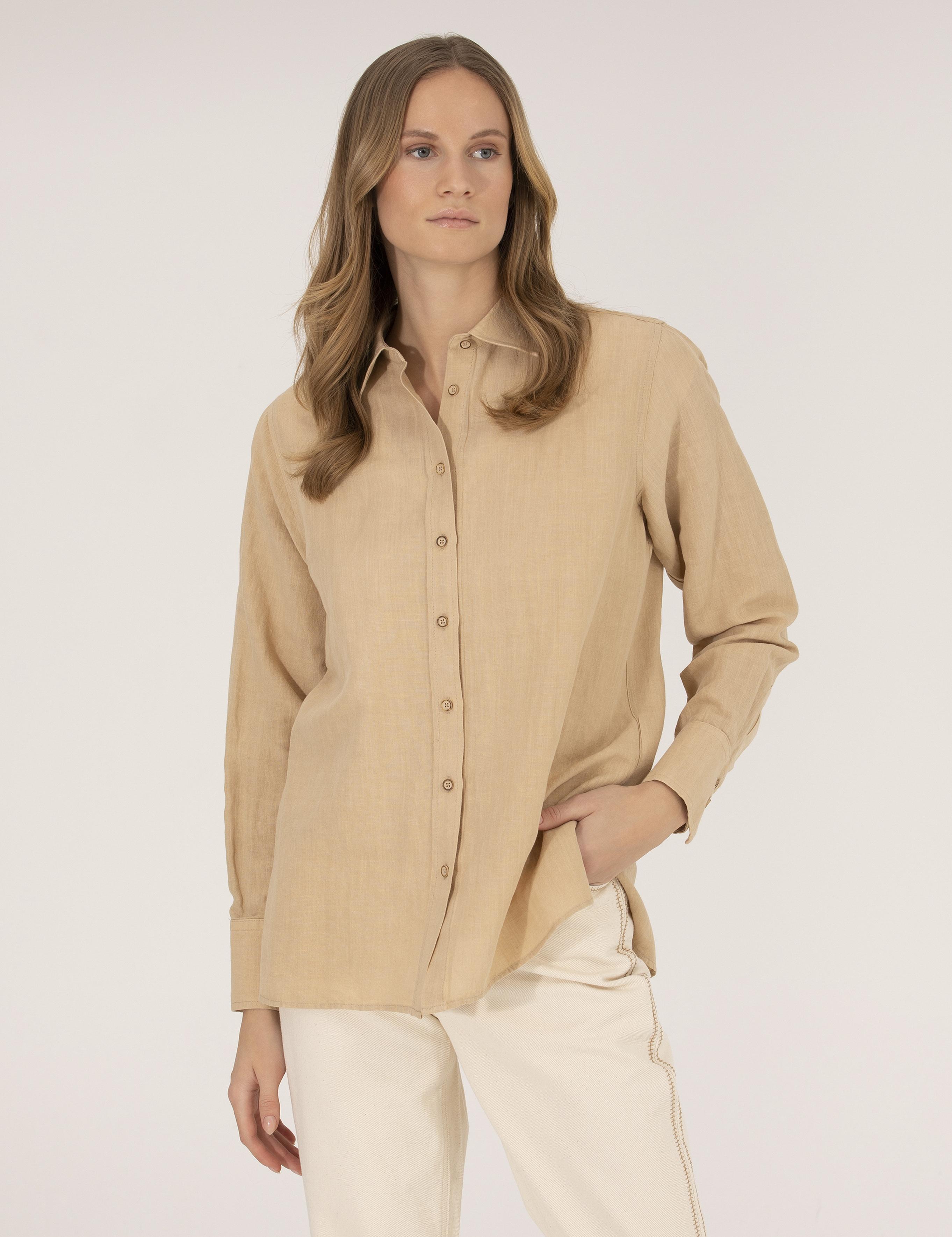 Bej Keten Karışımlı Gömlek