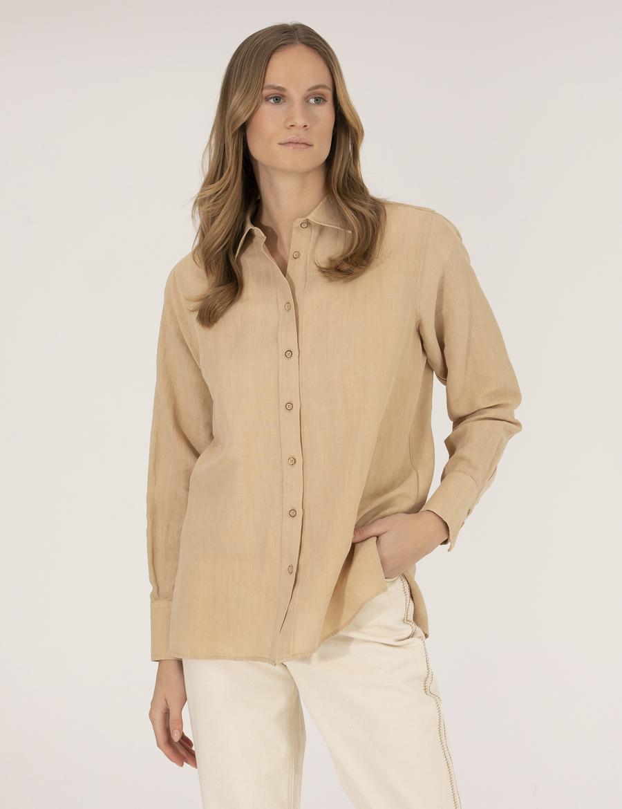 Bej Keten Karışımlı Gömlek
