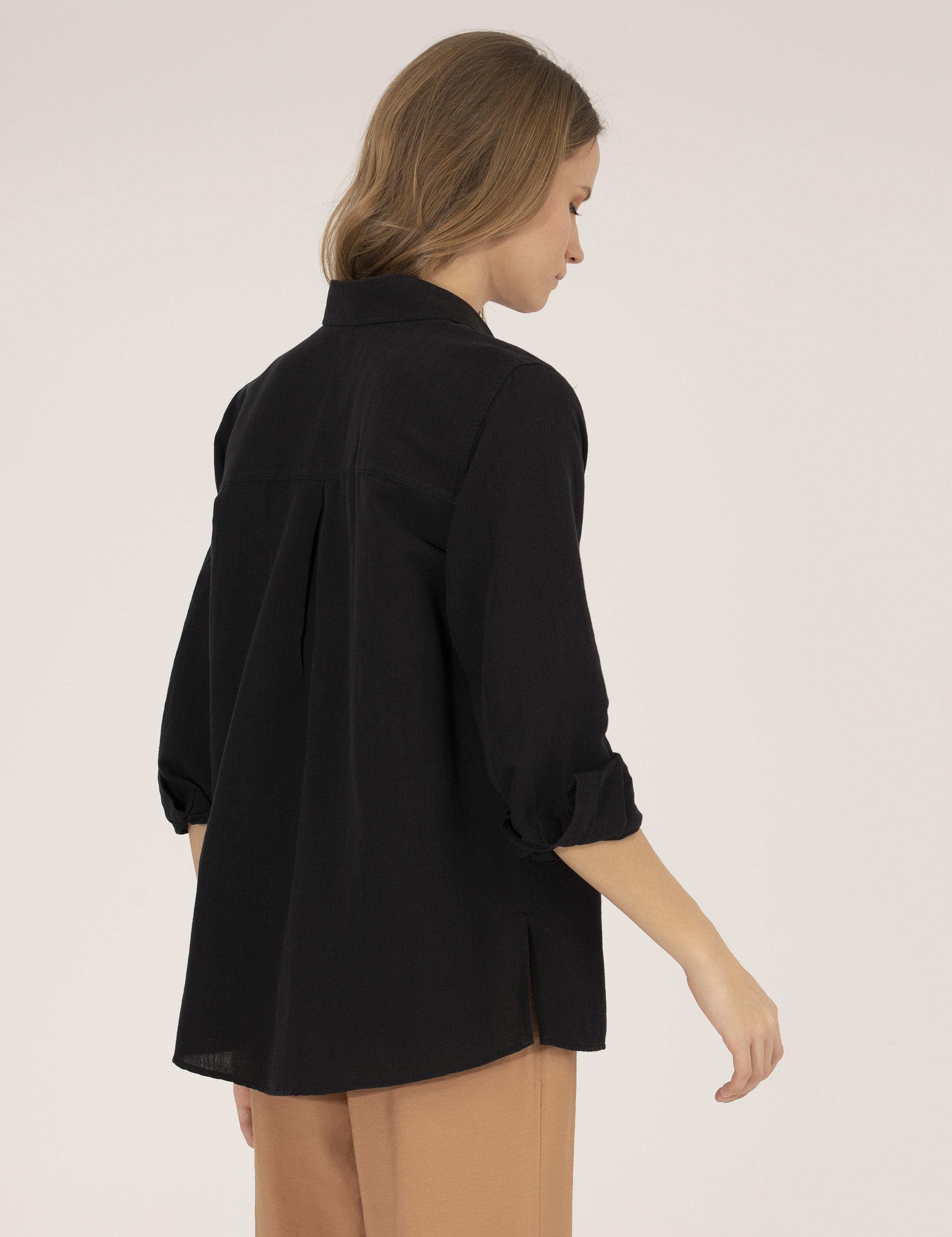 Siyah Keten Karışımlı Gömlek