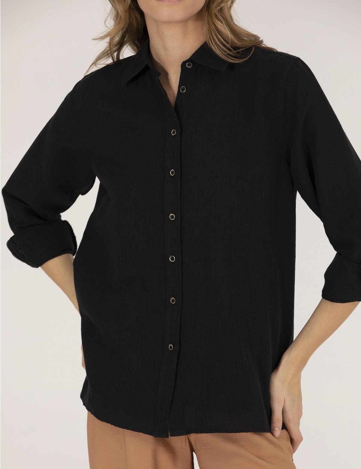 Siyah Keten Karışımlı Gömlek - 50262568083