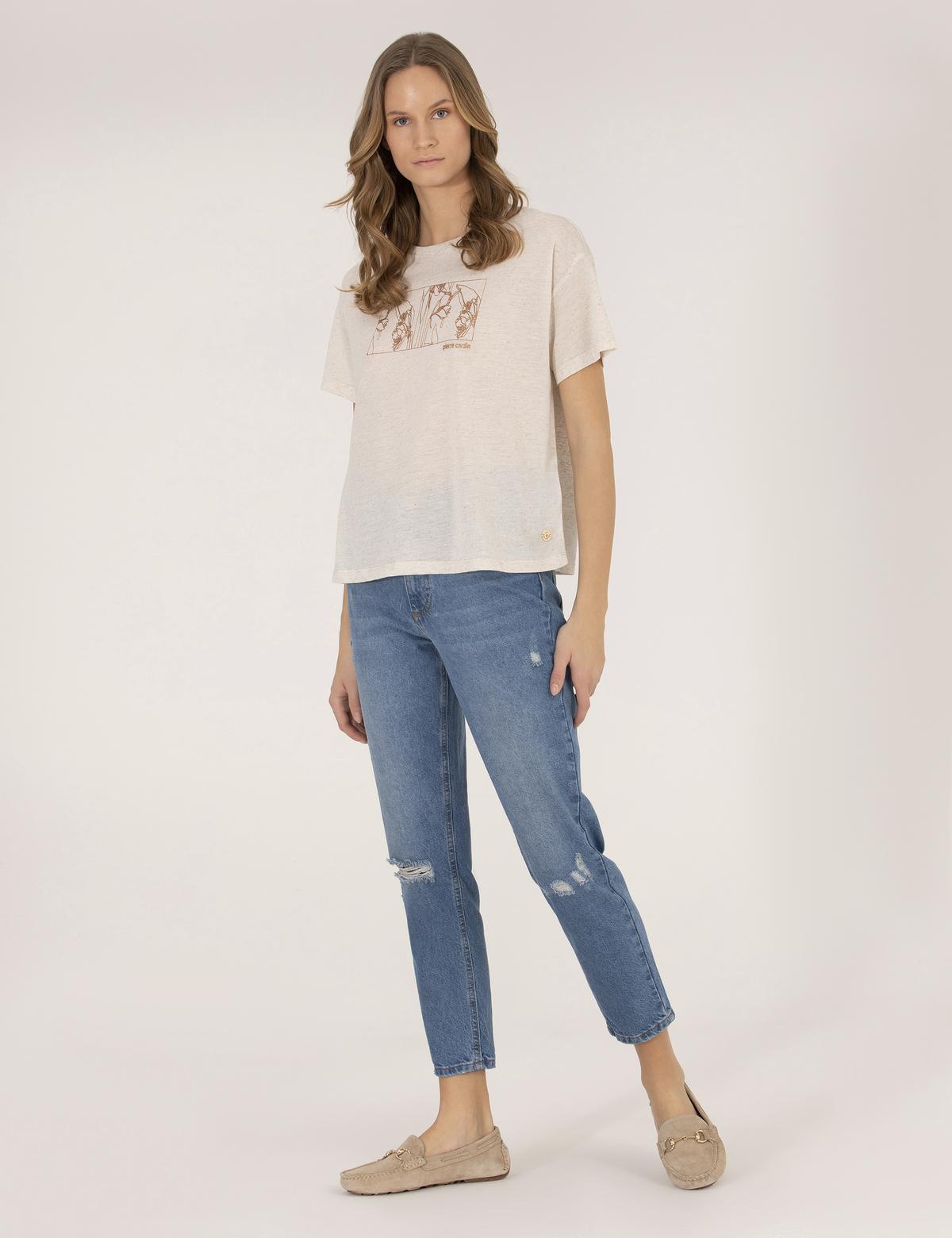 Bej Melanj Keten Karışımlı Tişört - 50263669006