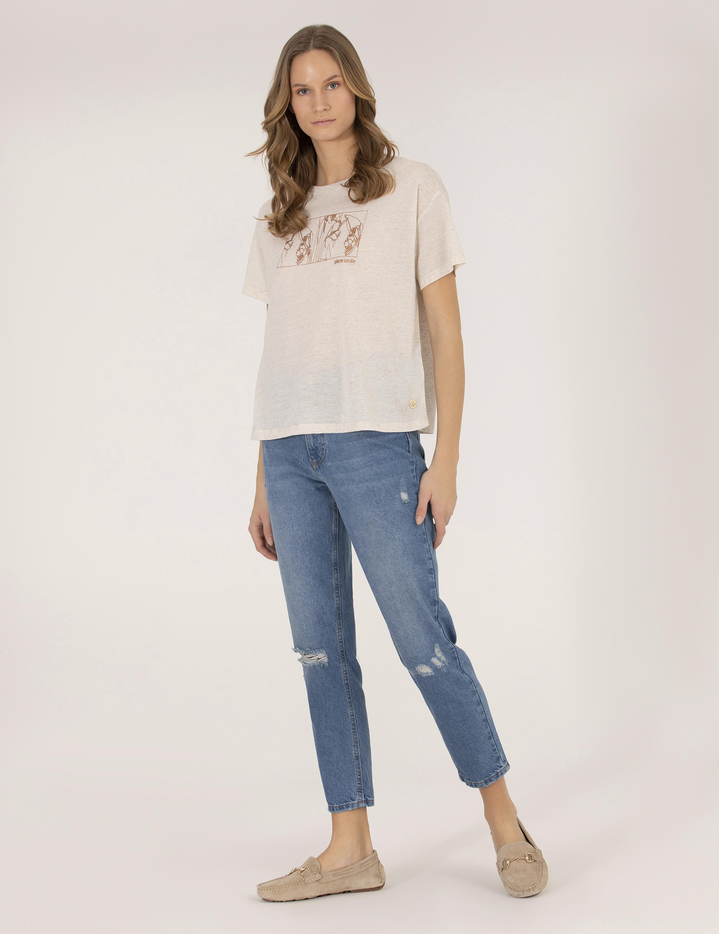 Bej Melanj Keten Karışımlı Tişört