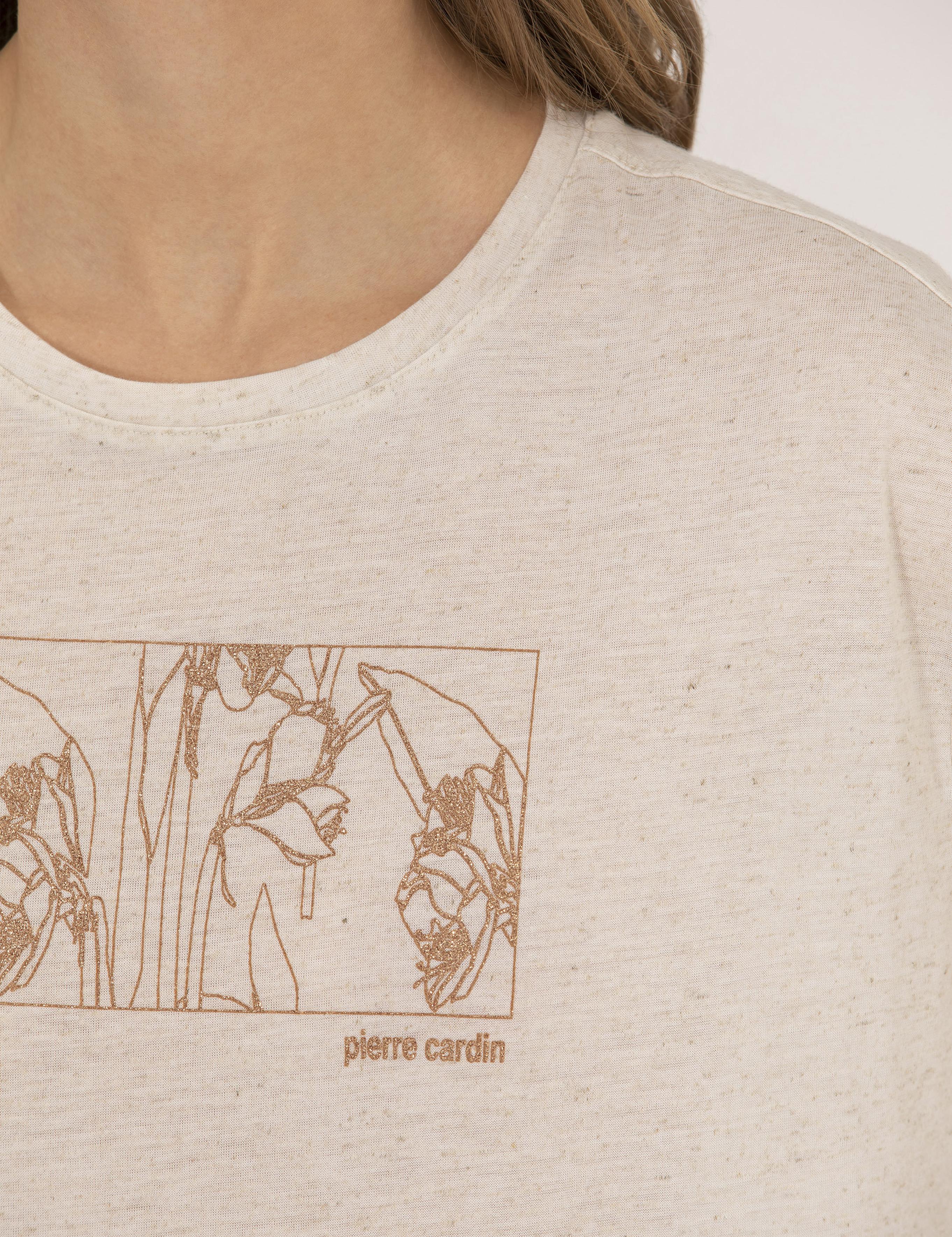 Bej Melanj Keten Karışımlı Tişört