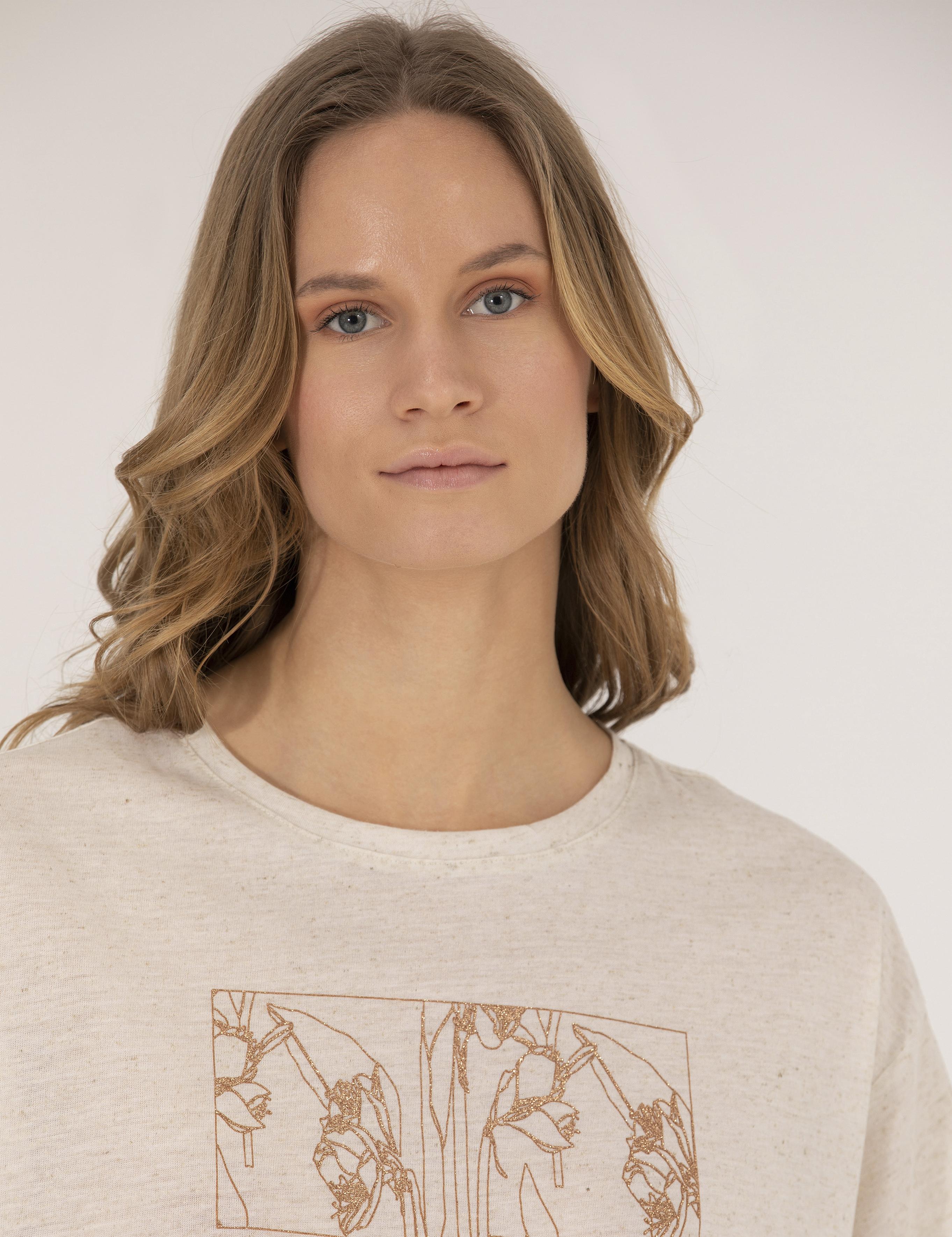 Bej Melanj Keten Karışımlı Tişört