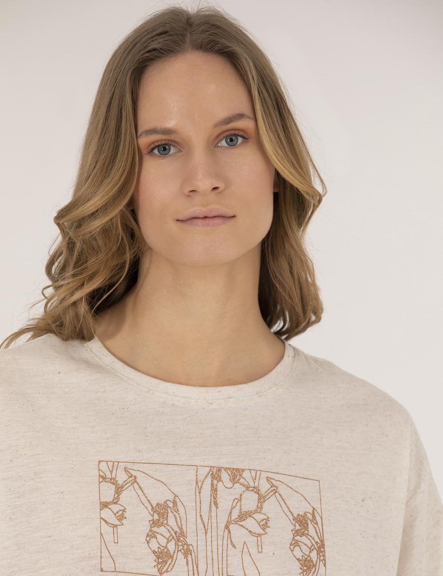 Bej Melanj Keten Karışımlı Tişört