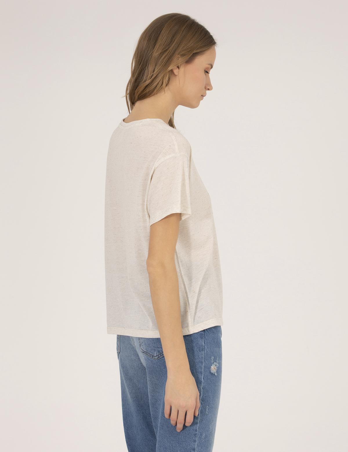 Bej Melanj Keten Karışımlı Tişört - 50263669006