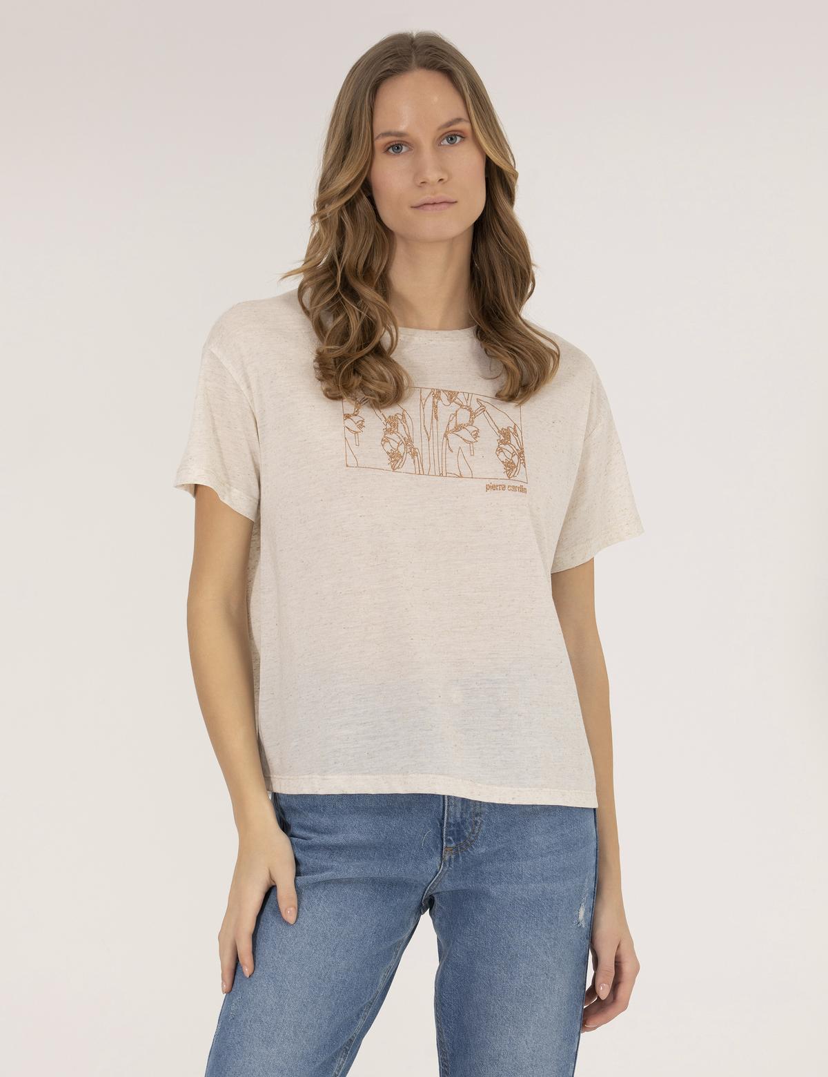 Bej Melanj Keten Karışımlı Tişört