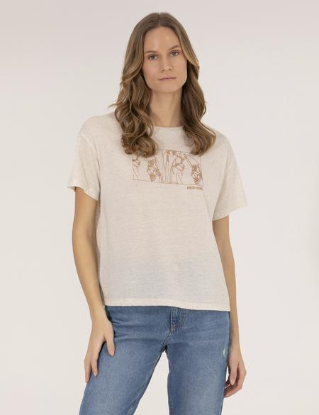 Bej Melanj Keten Karışımlı Tişört - 50263669006