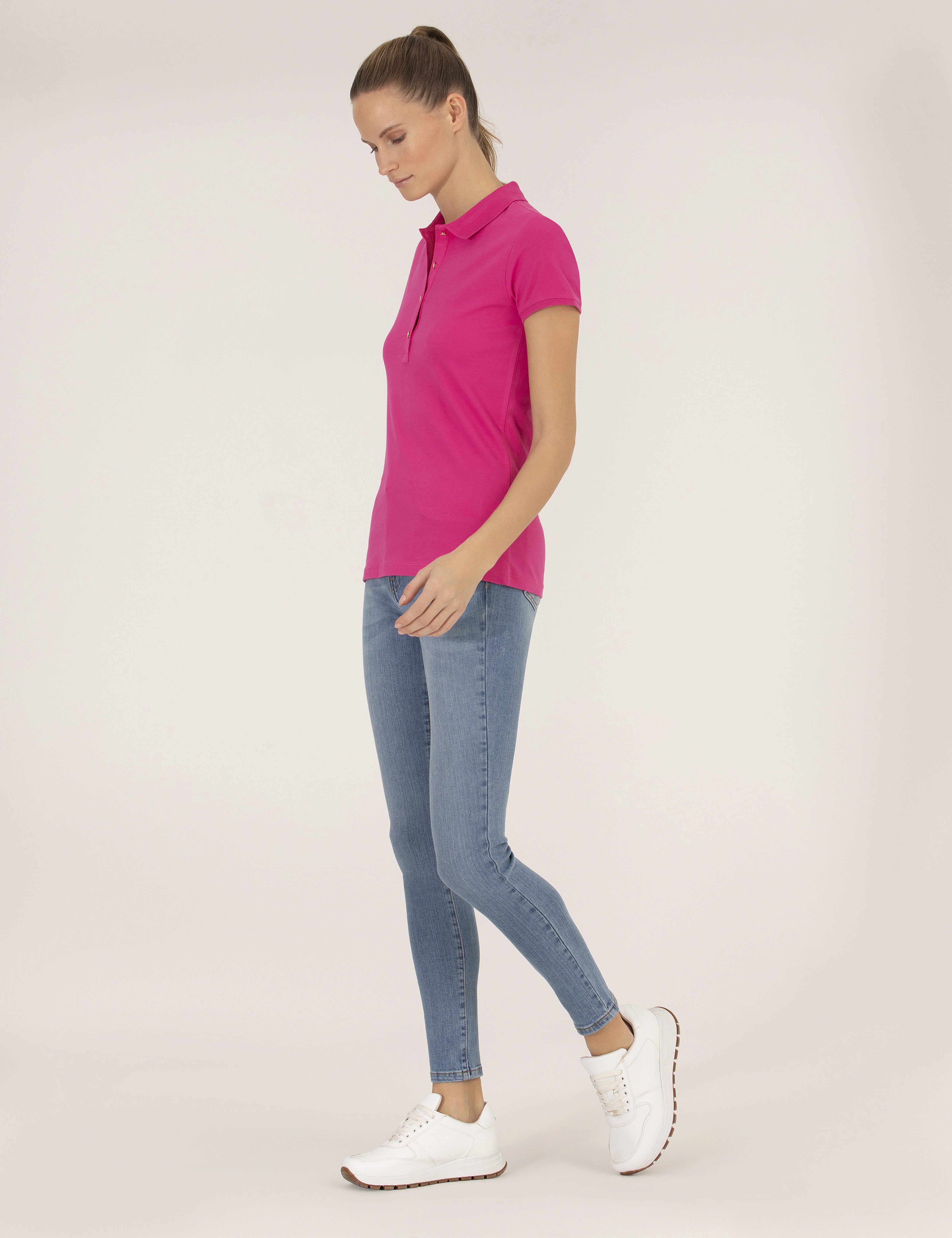 Fuşya Slim Fit Polo Yaka Basic Tişört - Image 4