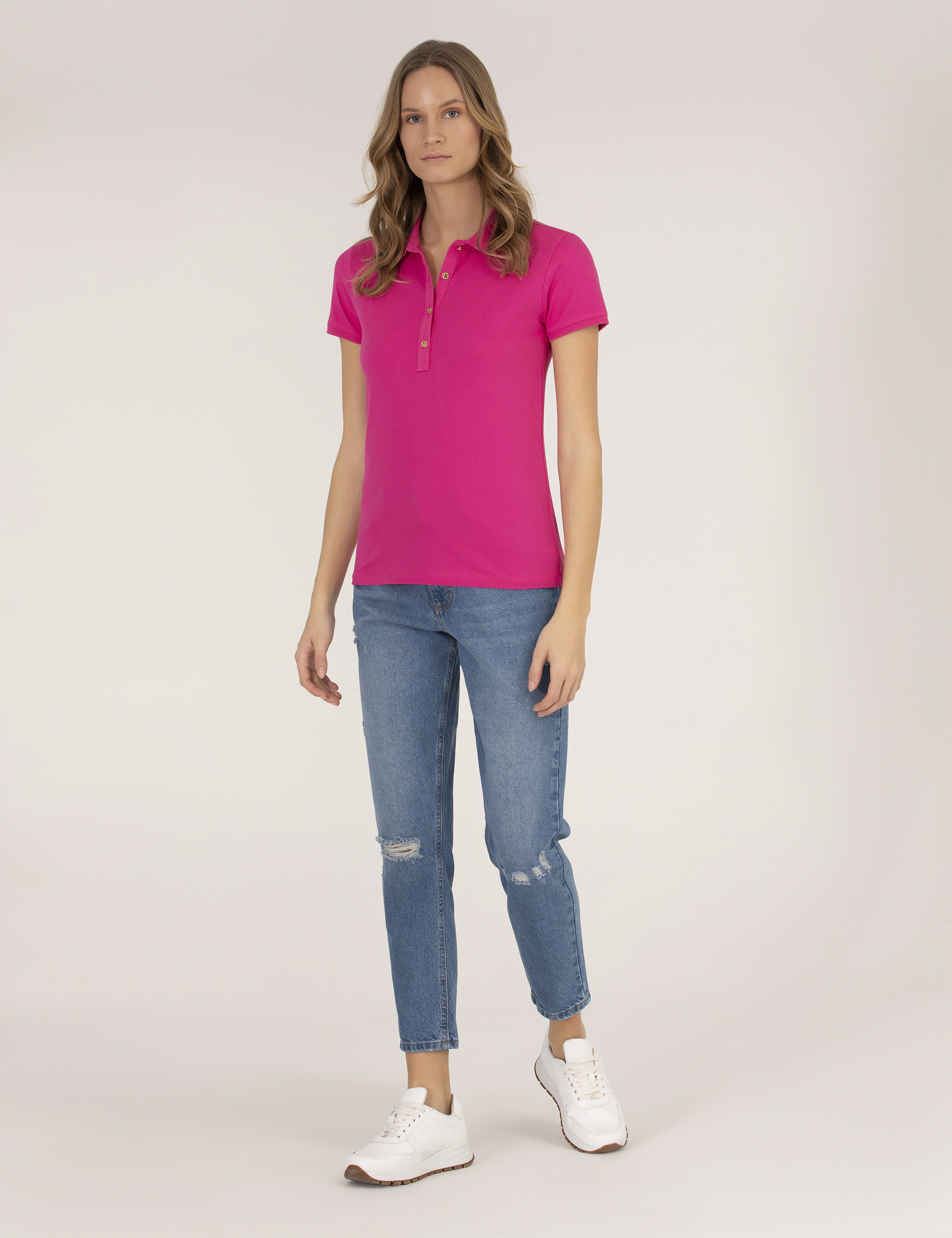 Fuşya Polo Yaka Slim Fit Tişört - Image 4