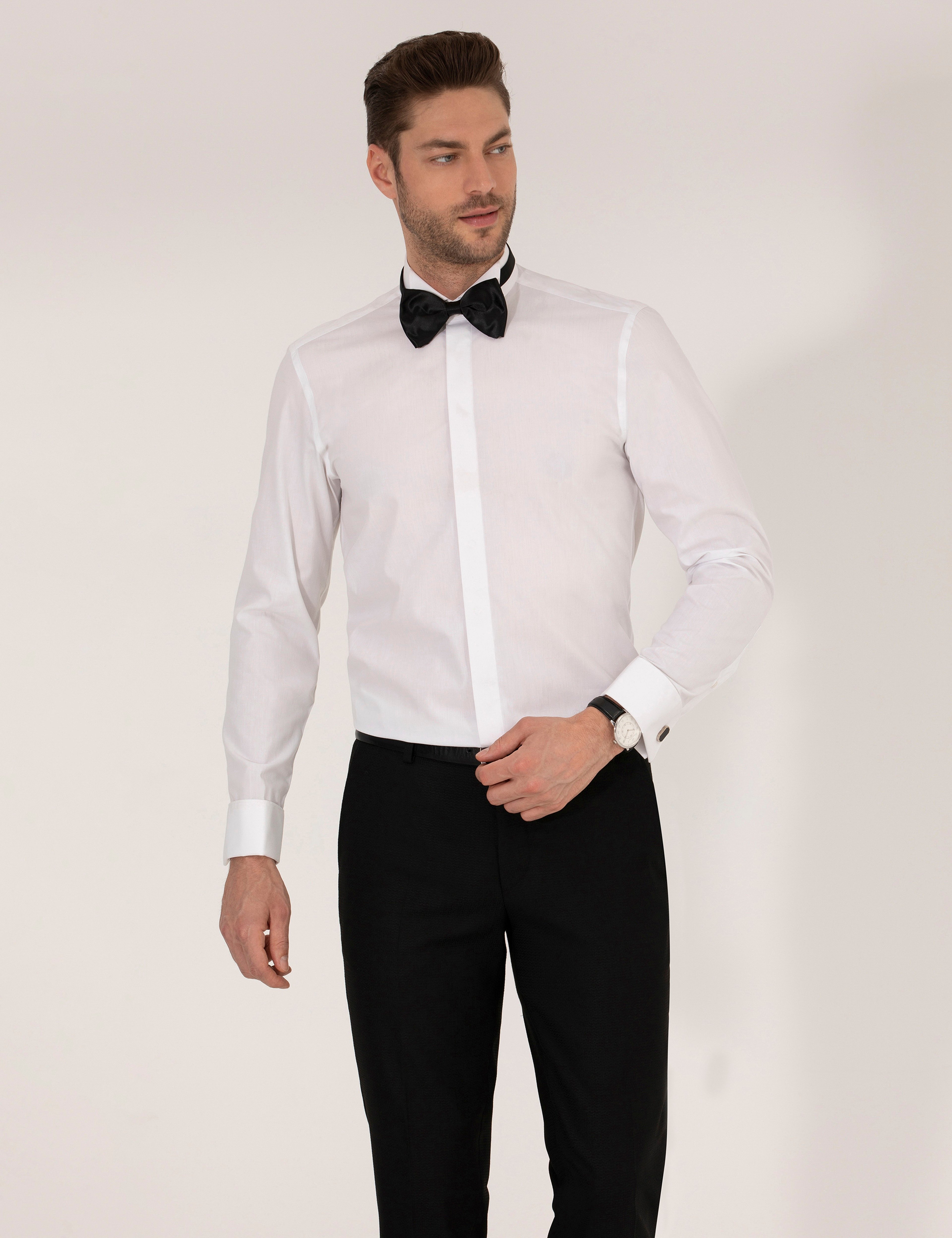 Beyaz Slim Fit Smokin Gömlek