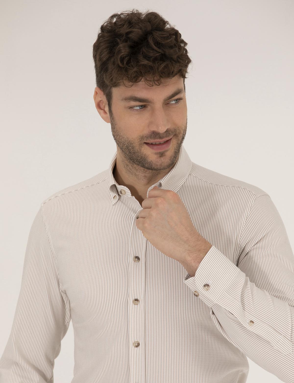 Bej Slim Fit Uzun Kollu Gömlek - 50266609026