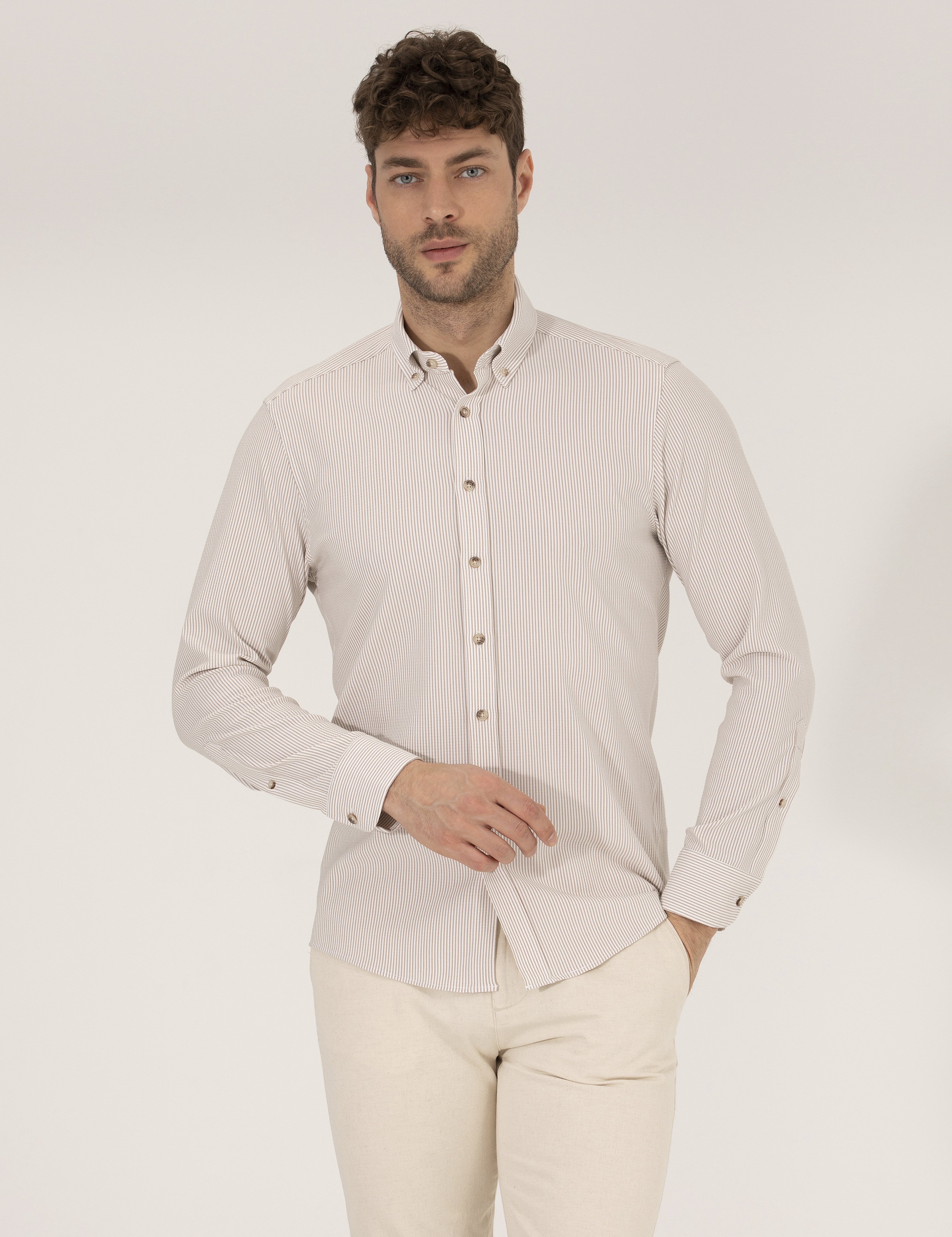 Bej Slim Fit Uzun Kollu Gömlek - Image 1