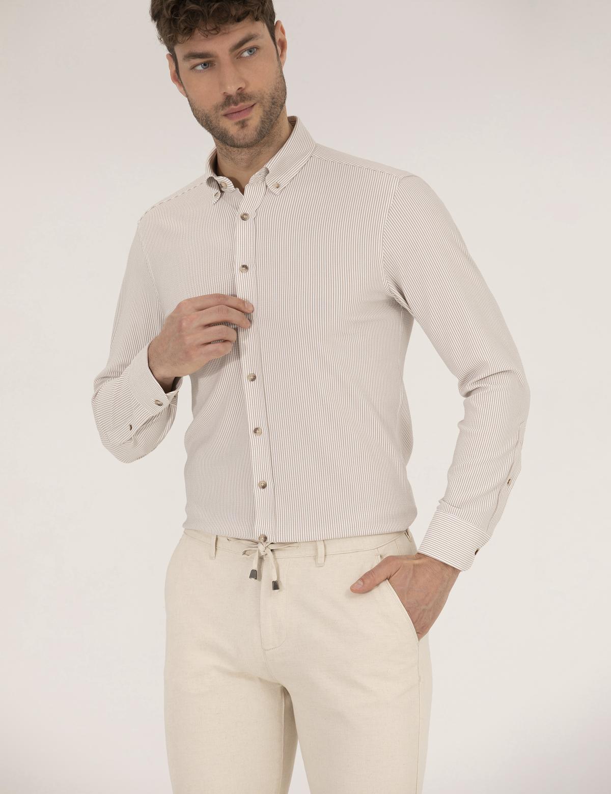 Bej Slim Fit Uzun Kollu Gömlek - 50266609026