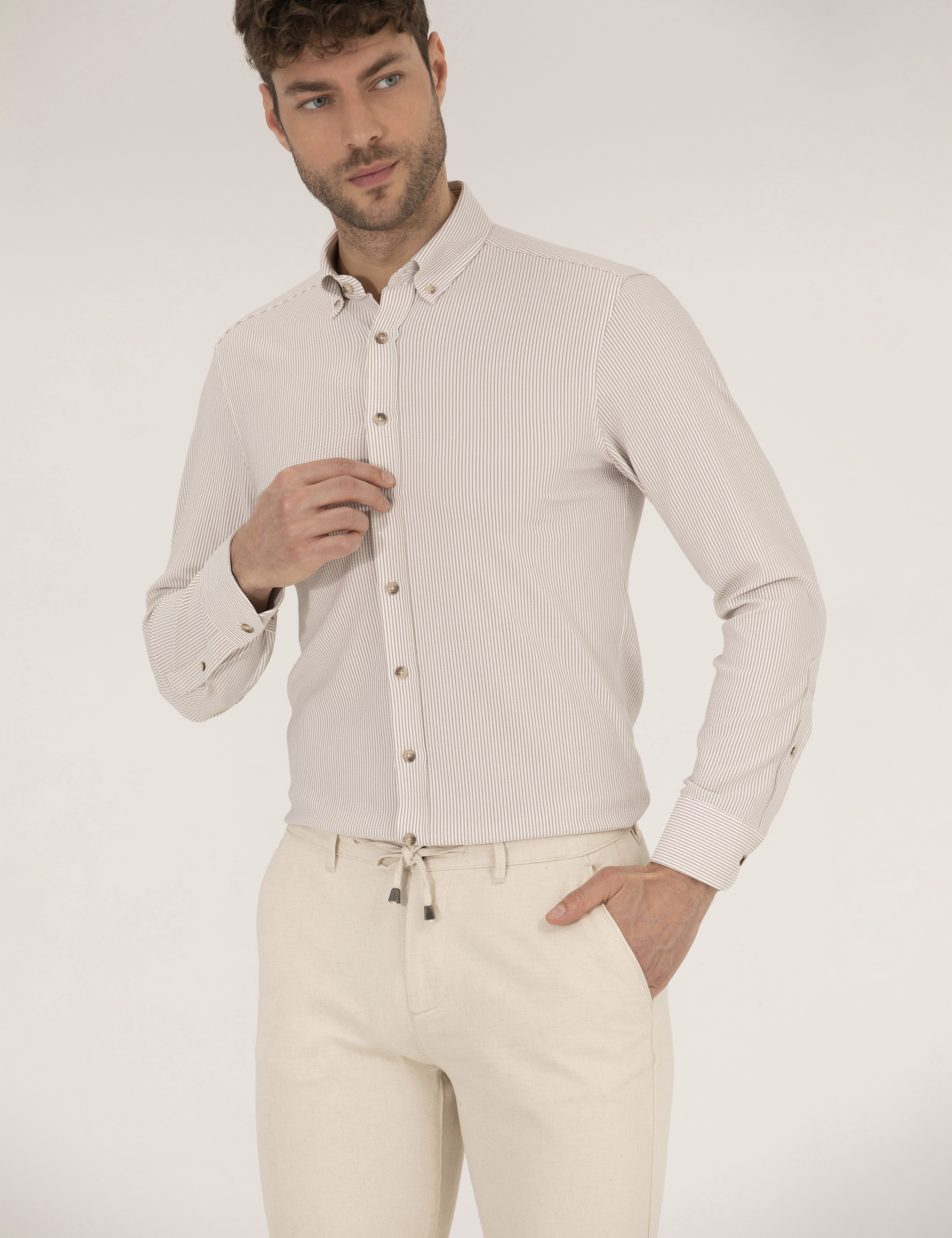 Bej Slim Fit Uzun Kollu Gömlek - Image 2