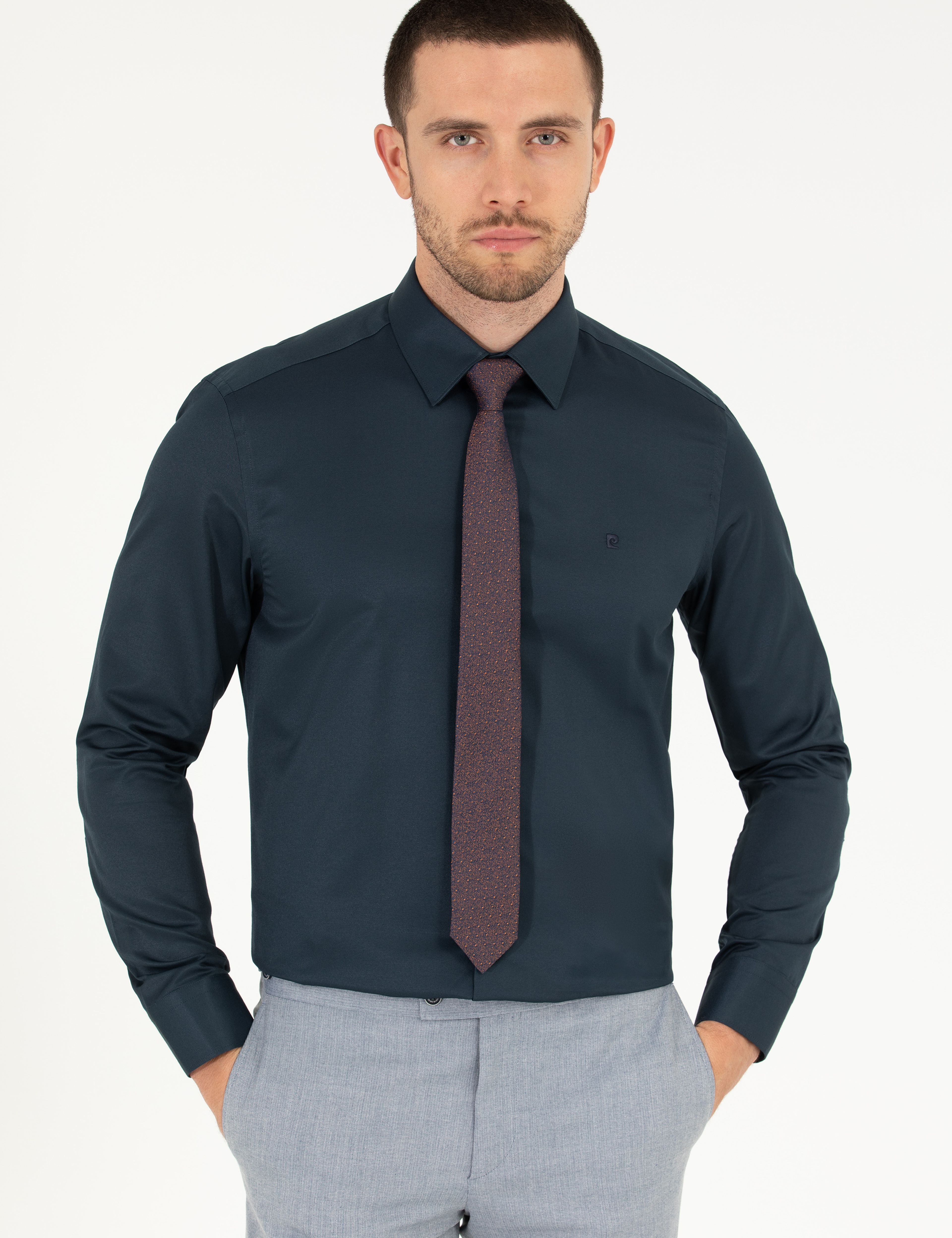 Lacivert Slim Fit Uzun Kollu Klasik Gömlek - Image 2