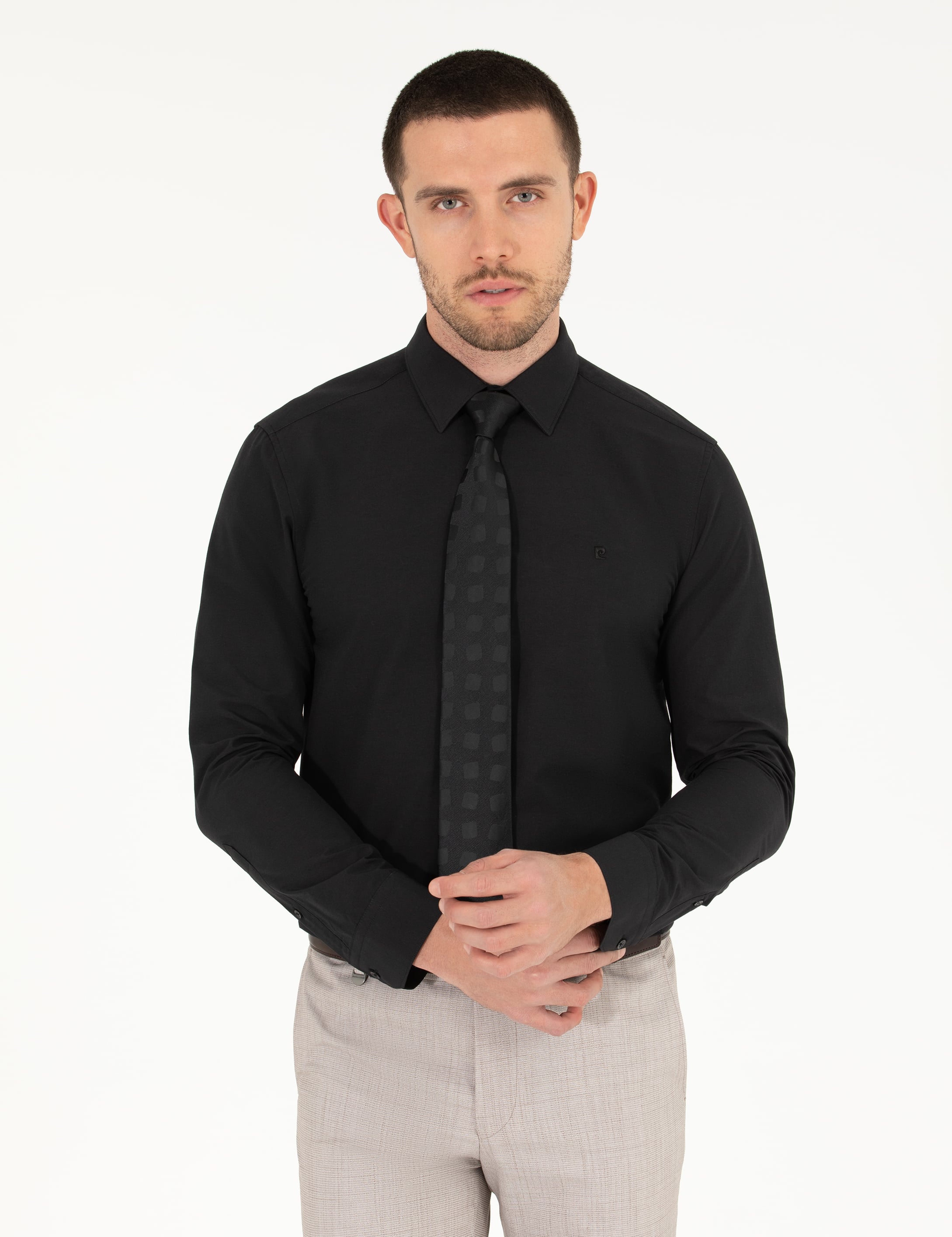 Siyah Slim Fit Uzun Kollu Klasik Gömlek - Image 1