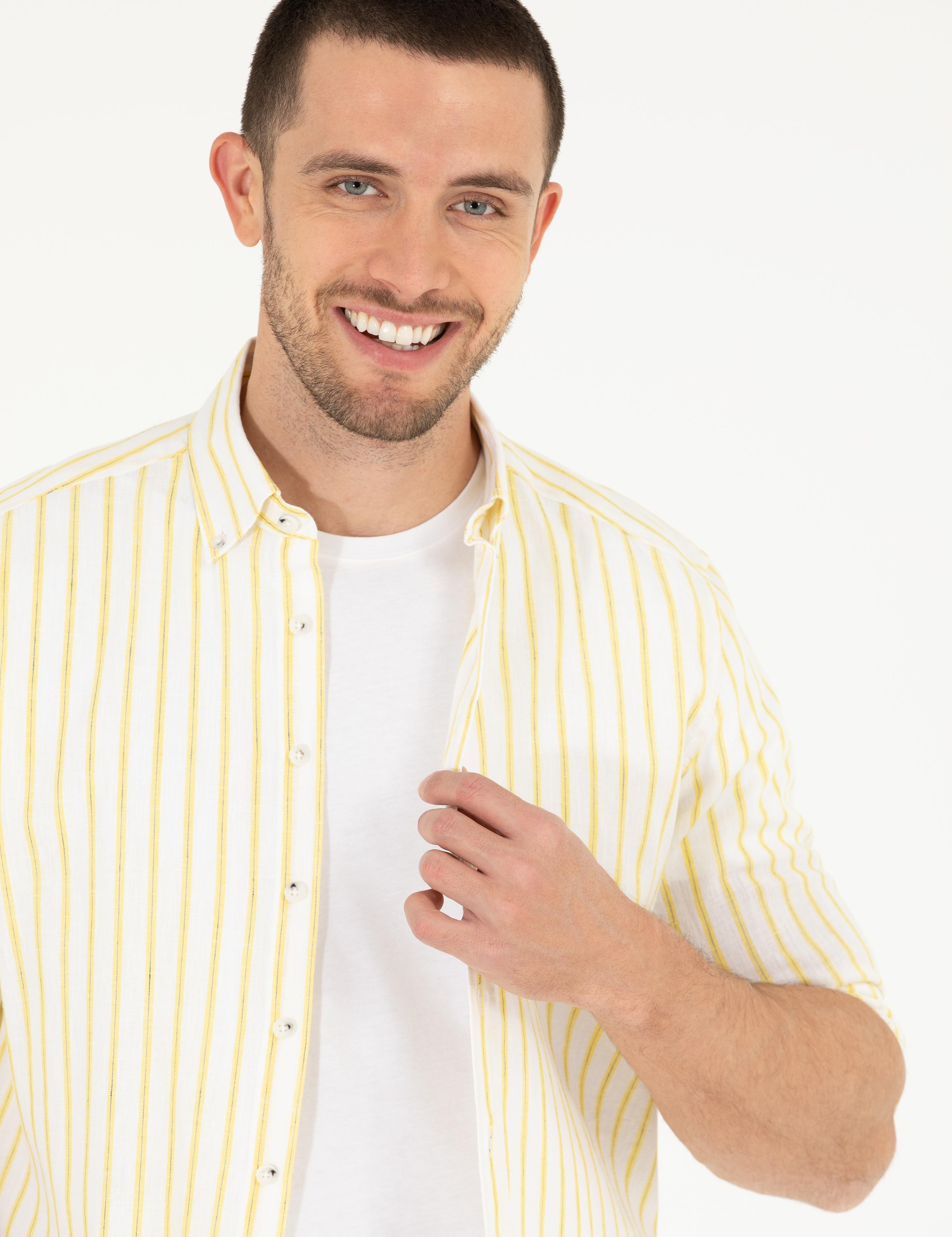 Açık Sarı Keten Karışımlı Regular Fit Uzun Kollu Gömlek