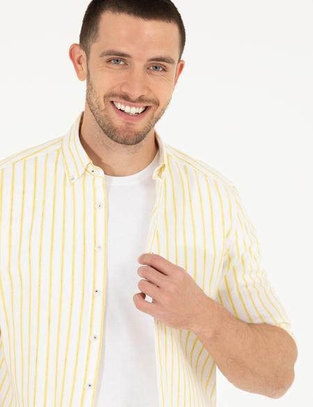 Açık Sarı Keten Karışımlı Regular Fit Uzun Kollu Gömlek - 50265012024