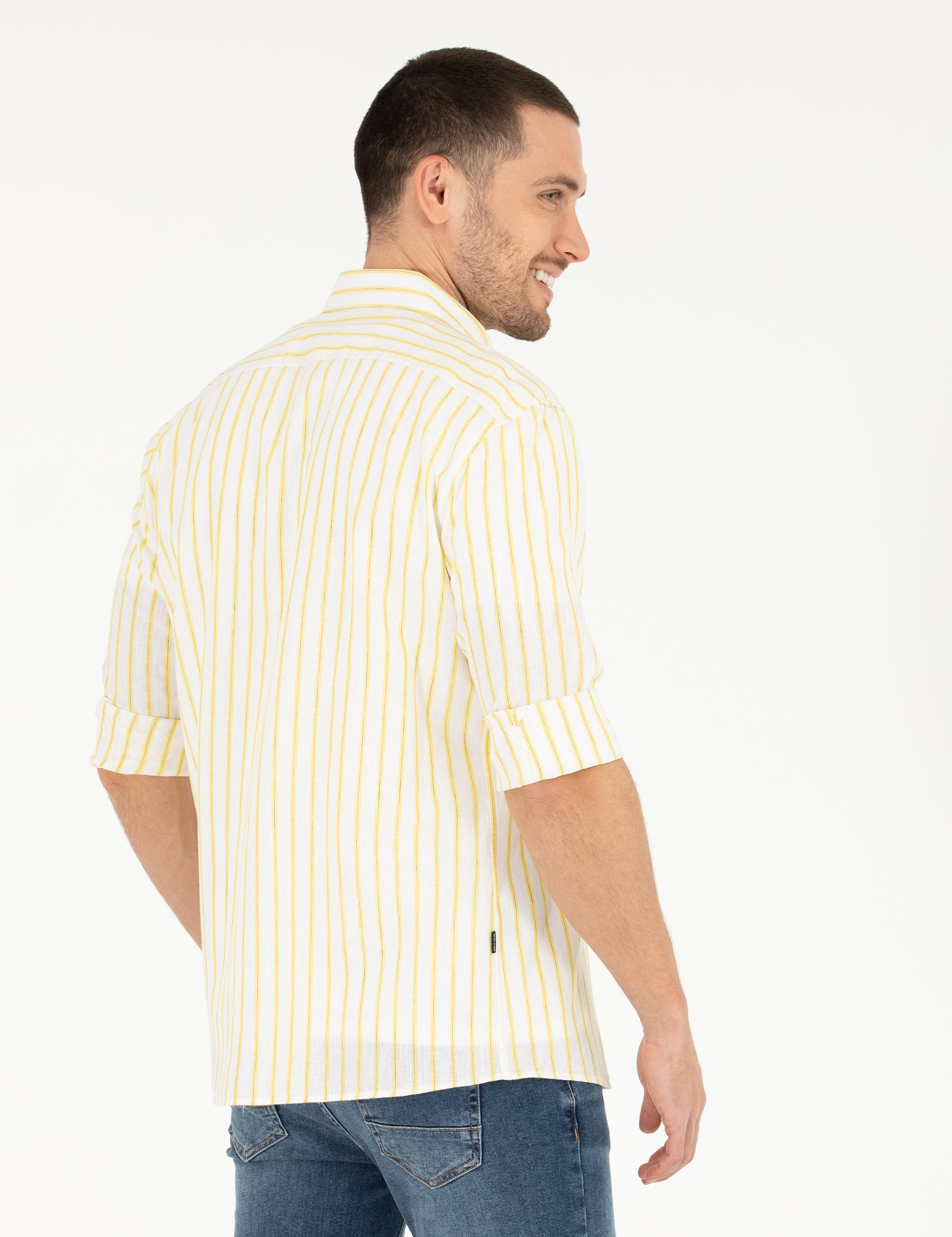 Açık Sarı Keten Karışımlı Regular Fit Uzun Kollu Gömlek