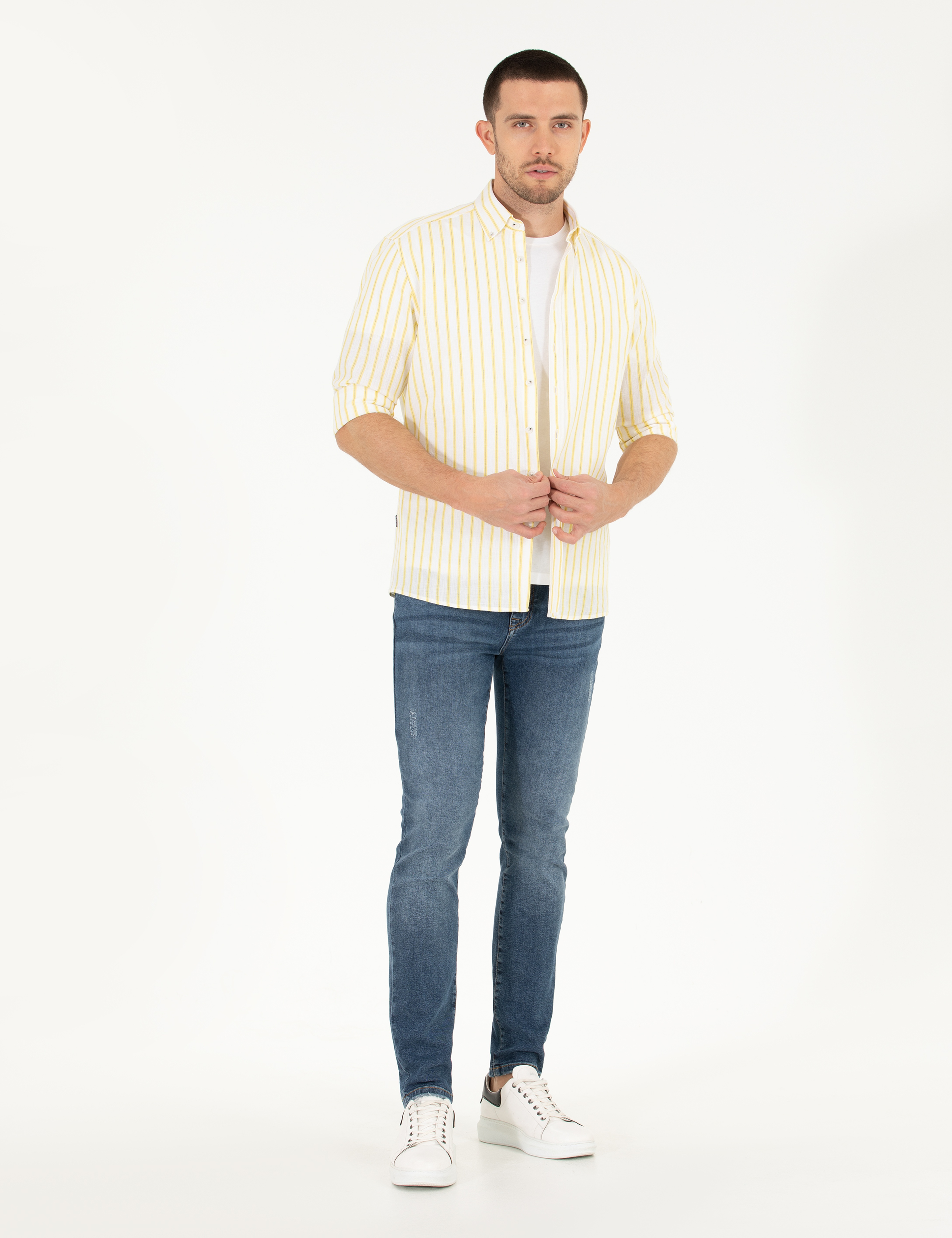 Açık Sarı Keten Karışımlı Regular Fit Uzun Kollu Gömlek