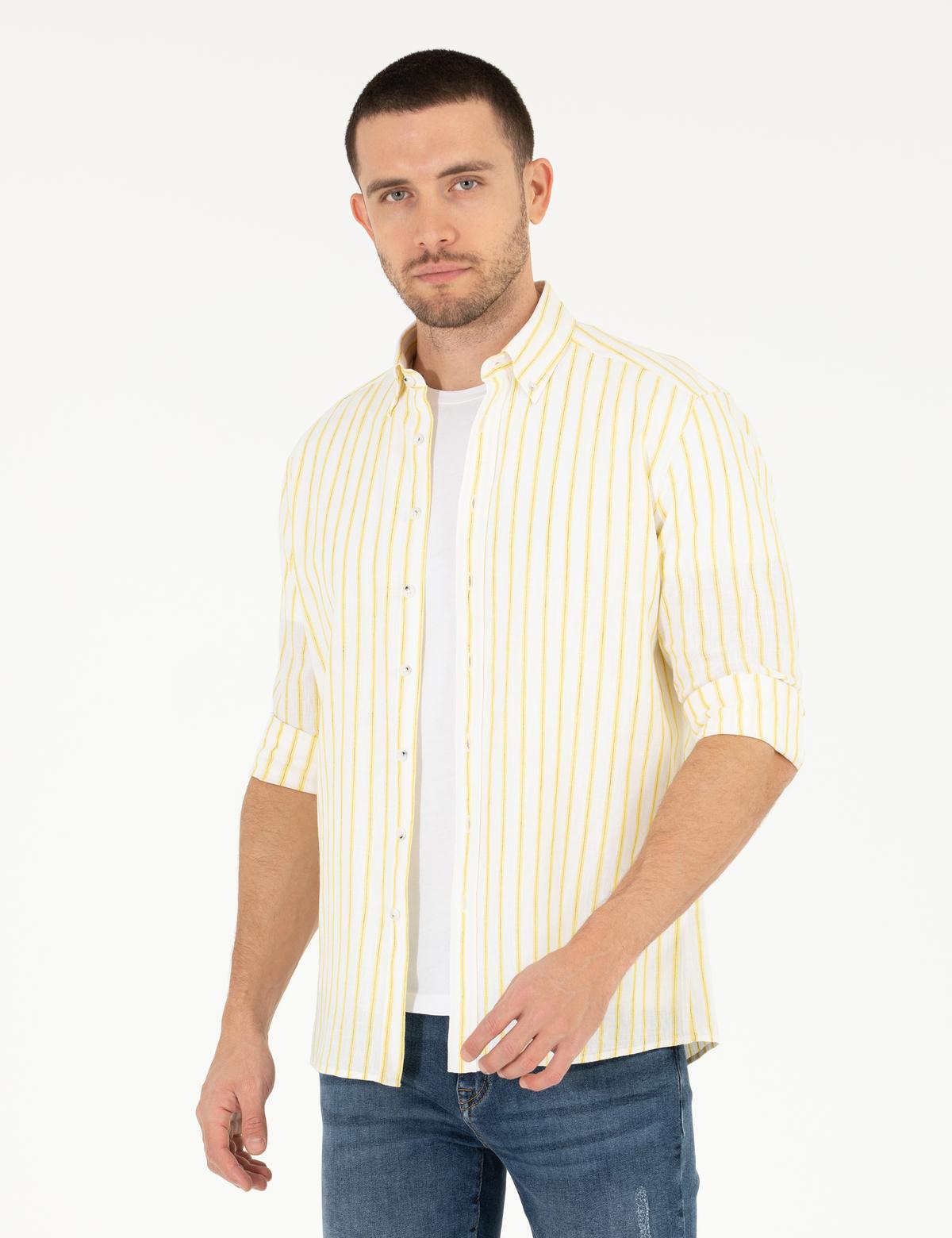 Açık Sarı Keten Karışımlı Regular Fit Uzun Kollu Gömlek