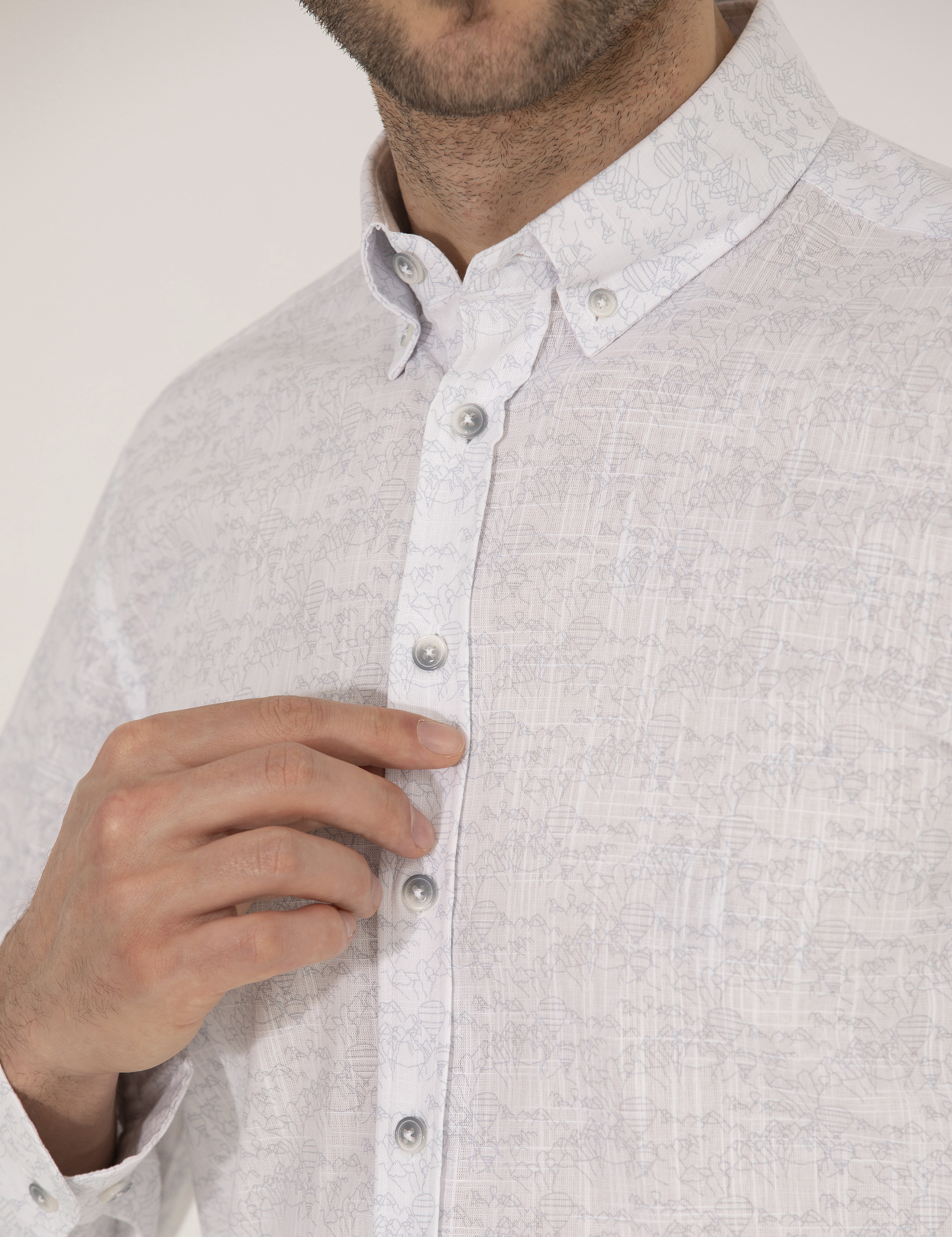 Açık Gri Slim Fit Uzun Kollu Gömlek - Image 7