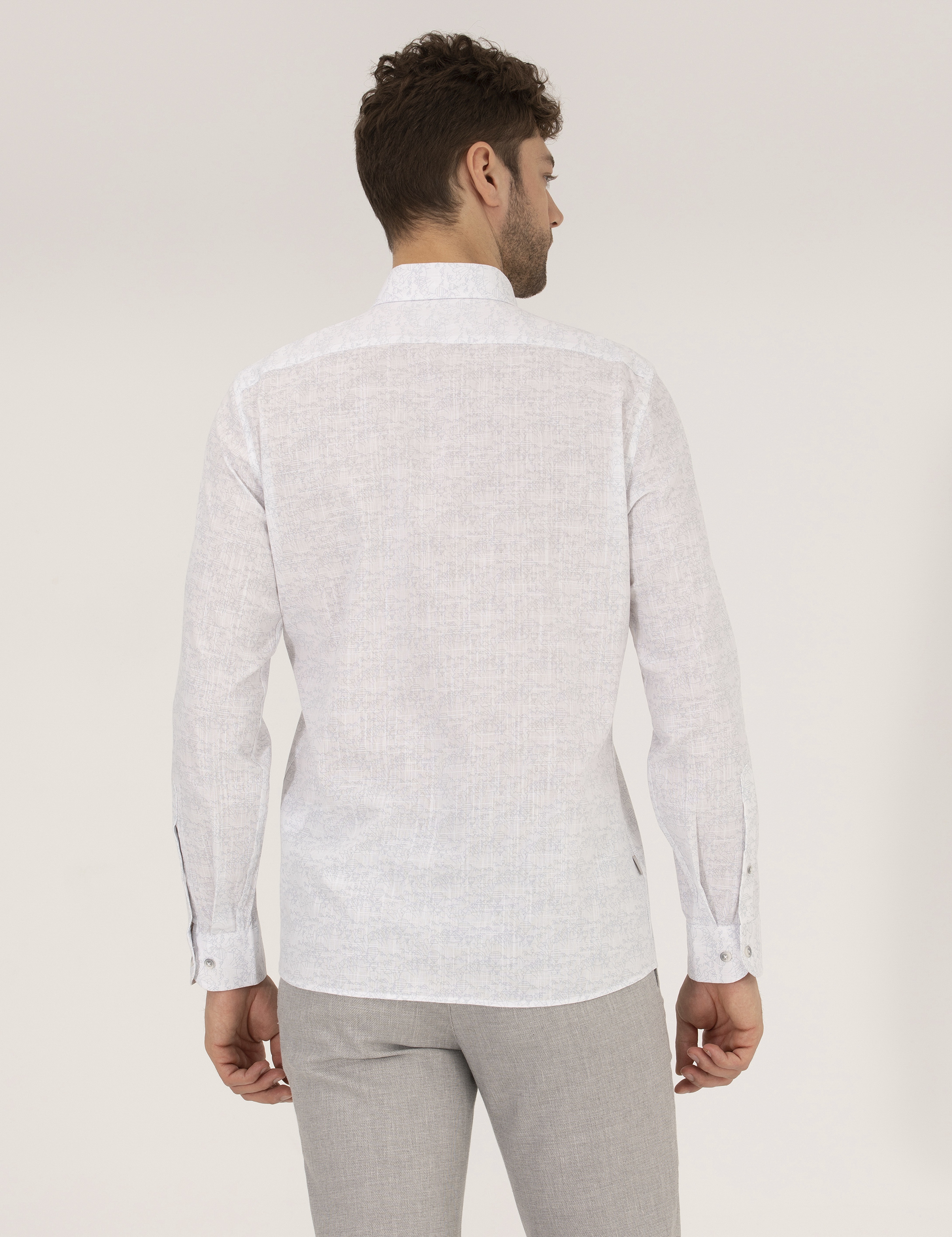 Açık Gri Slim Fit Uzun Kollu Gömlek - Image 5